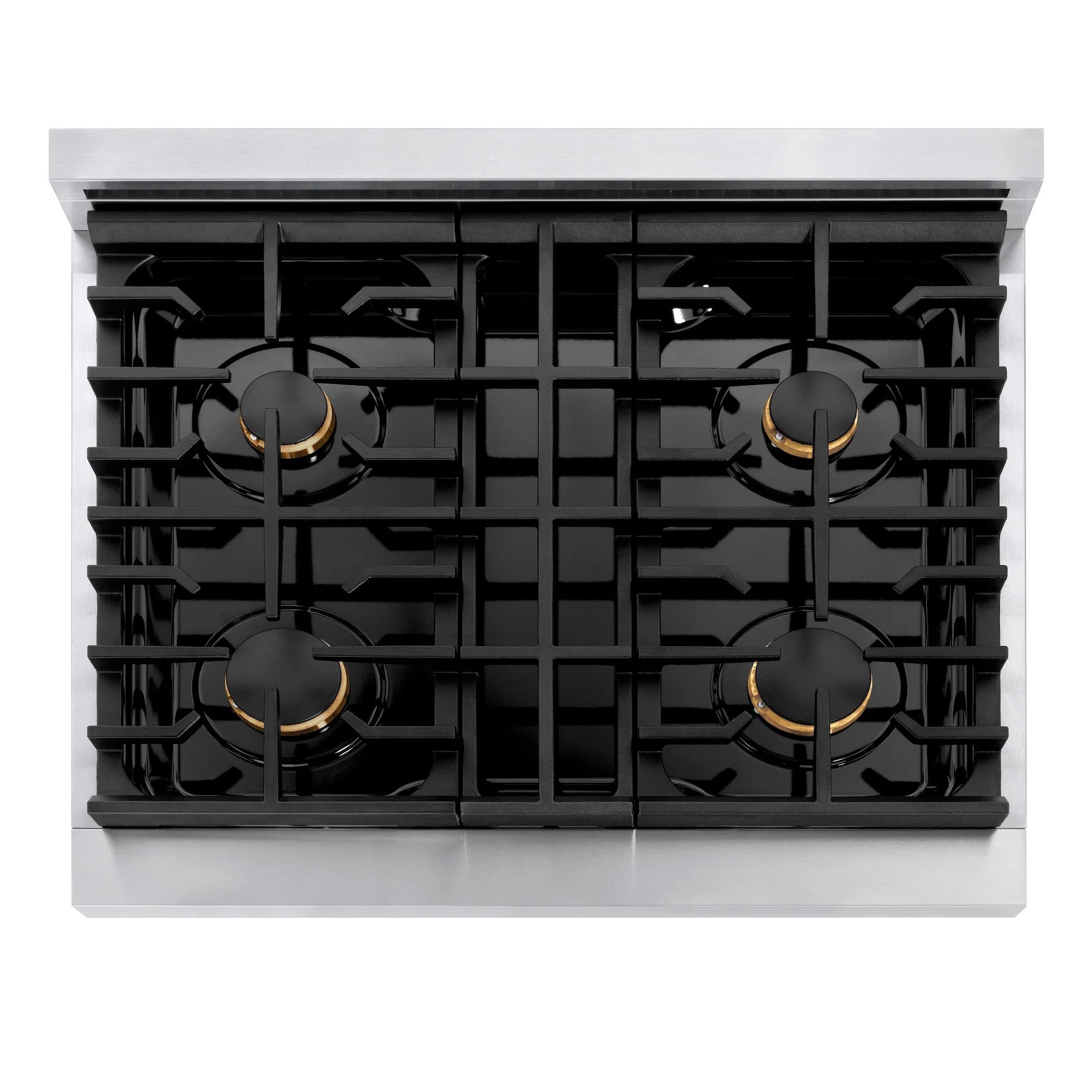 Stainless steel range cooktop with four black gas burners and cross-style grate supports