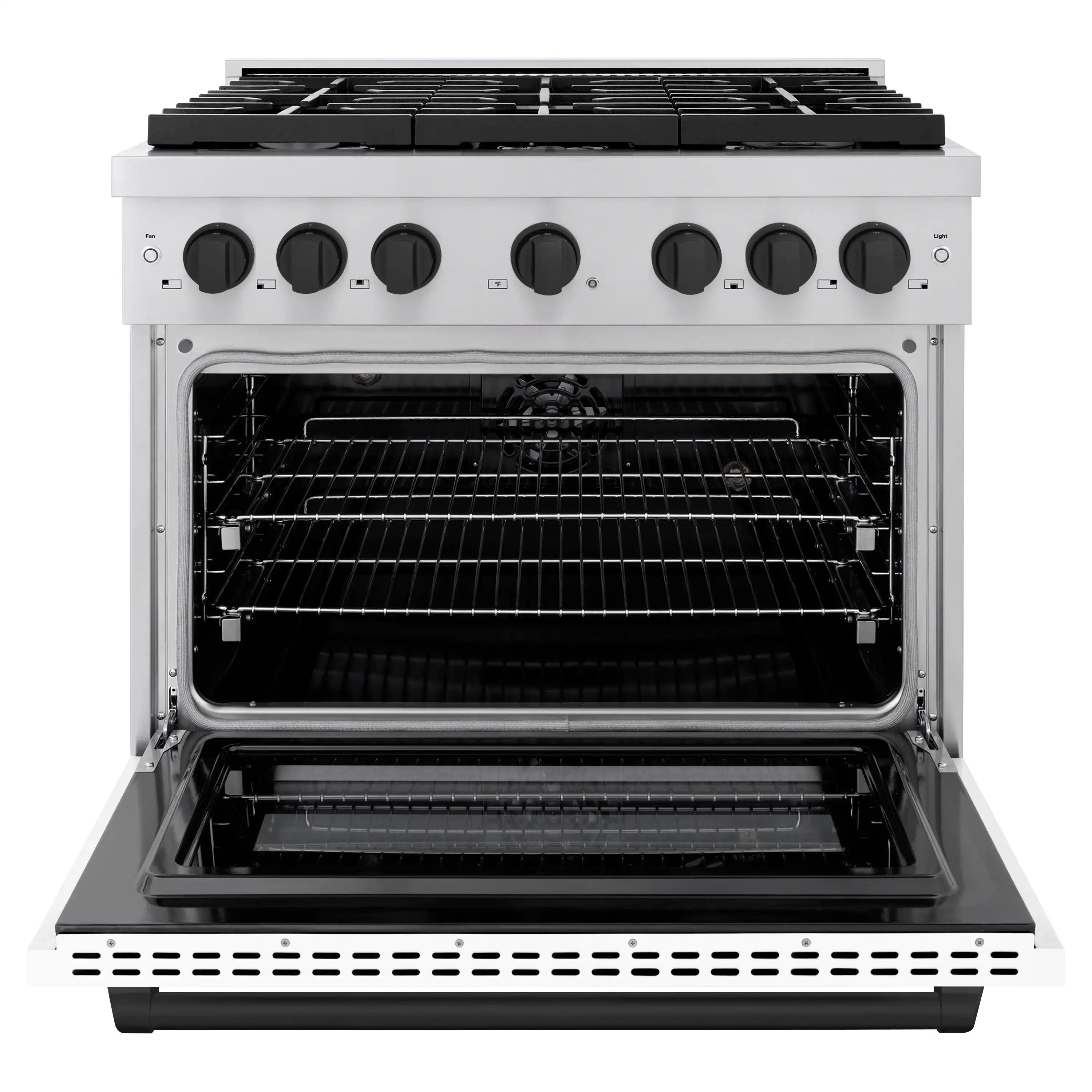Dual fuel range oven door open, showing wire racks inside
