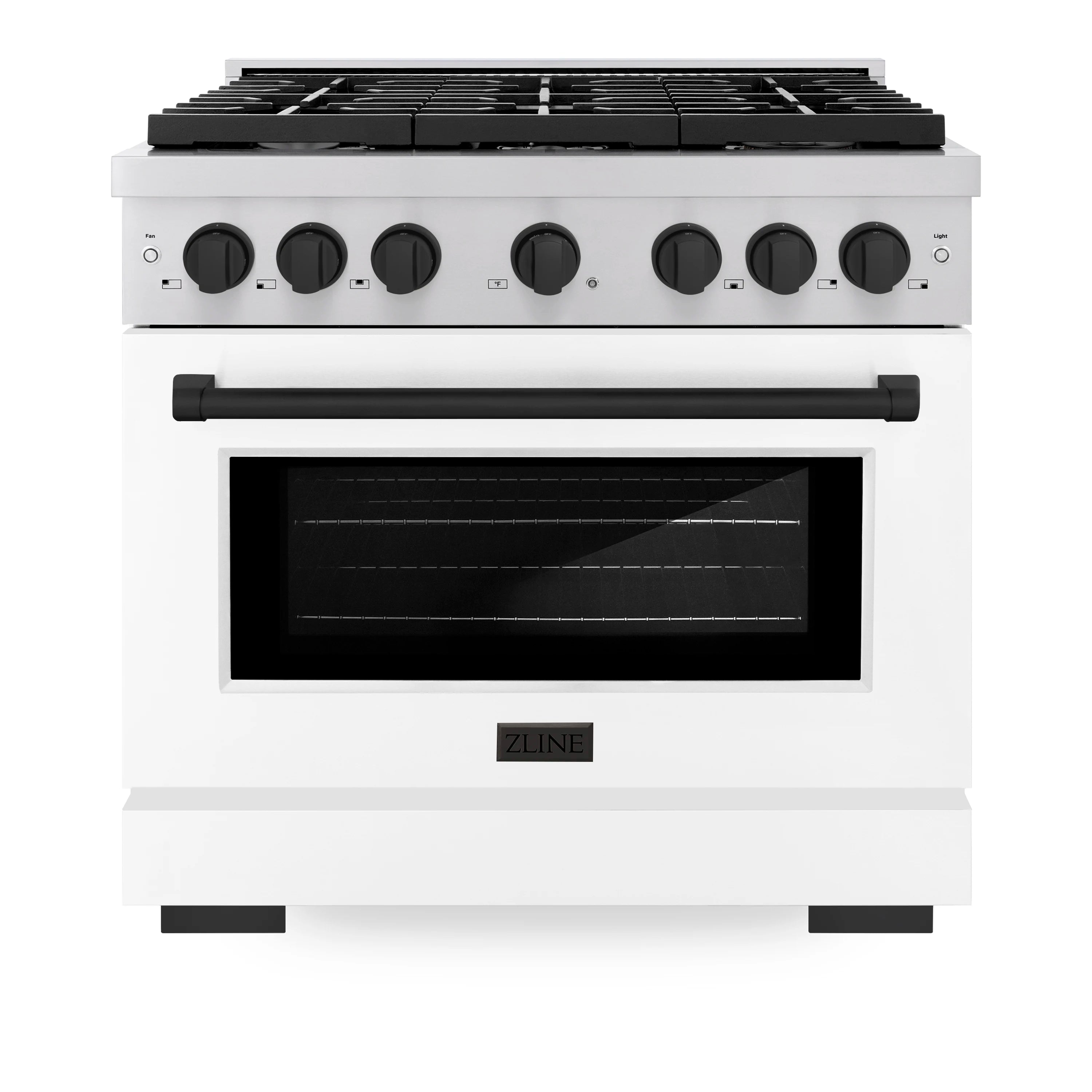 White dual fuel range with black control knobs and dark oven window