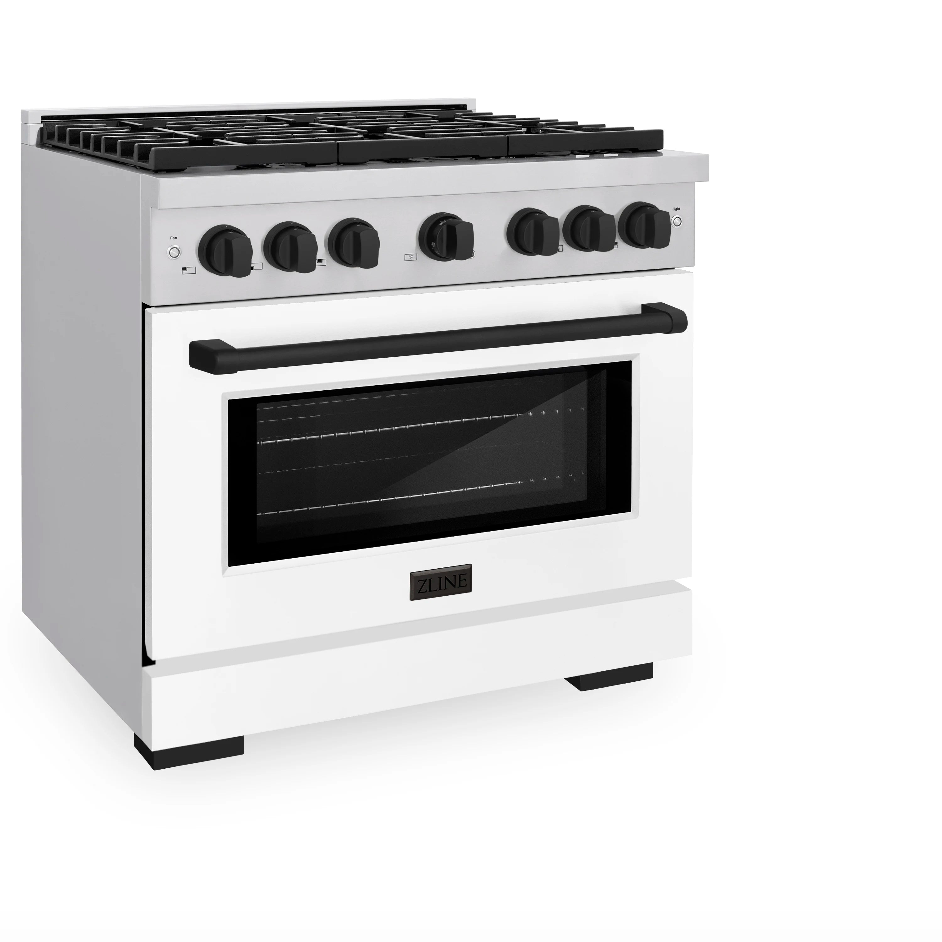 White dual fuel range with stainless accents, black cooktop grates, and control knobs