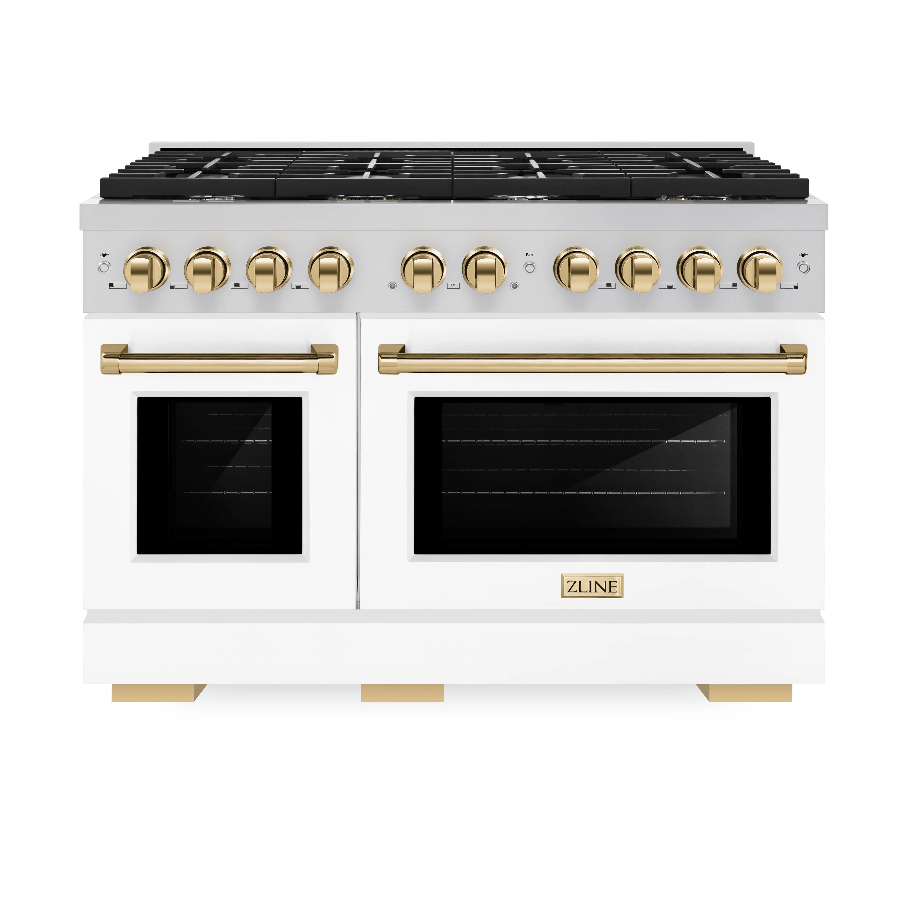 Stainless double-oven dual-fuel range with black grates and gold knobs, white matte doors