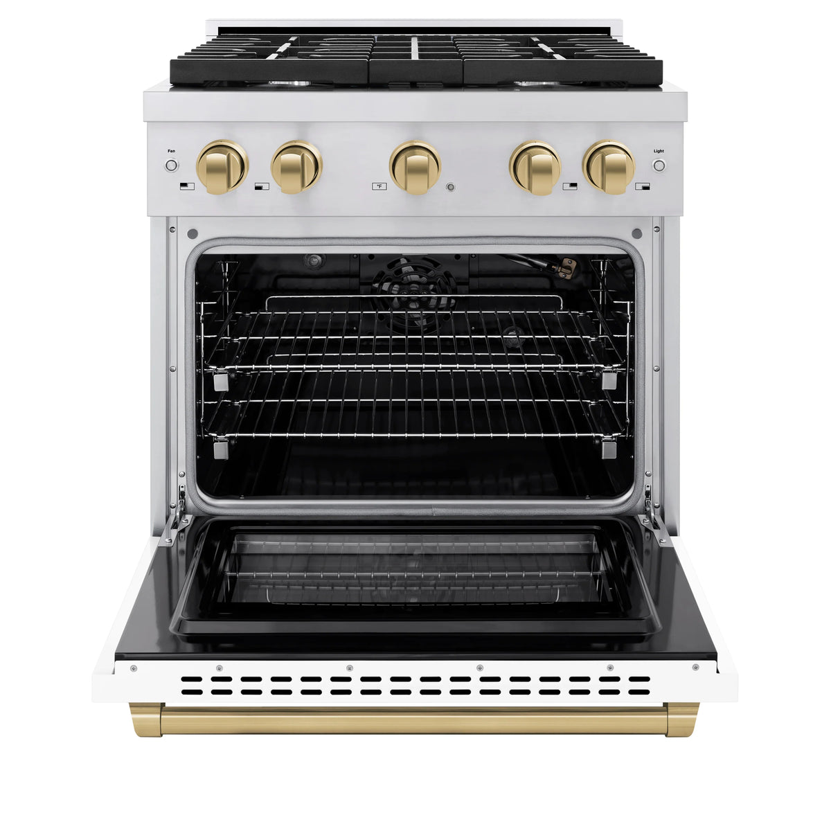 White gas range with open oven door and wire rack inside