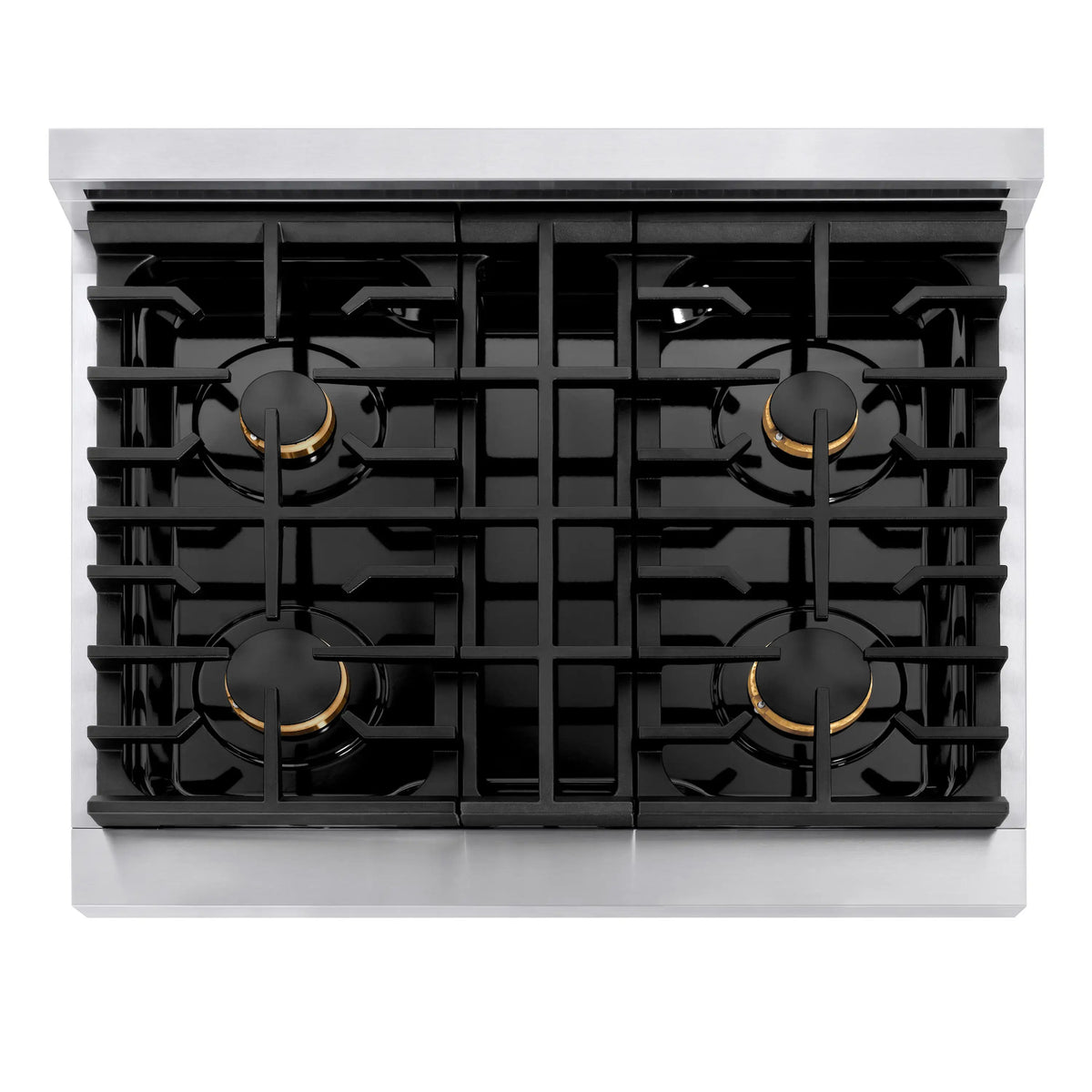 Four-burner cooktop with black grates and bronze-tipped burner caps