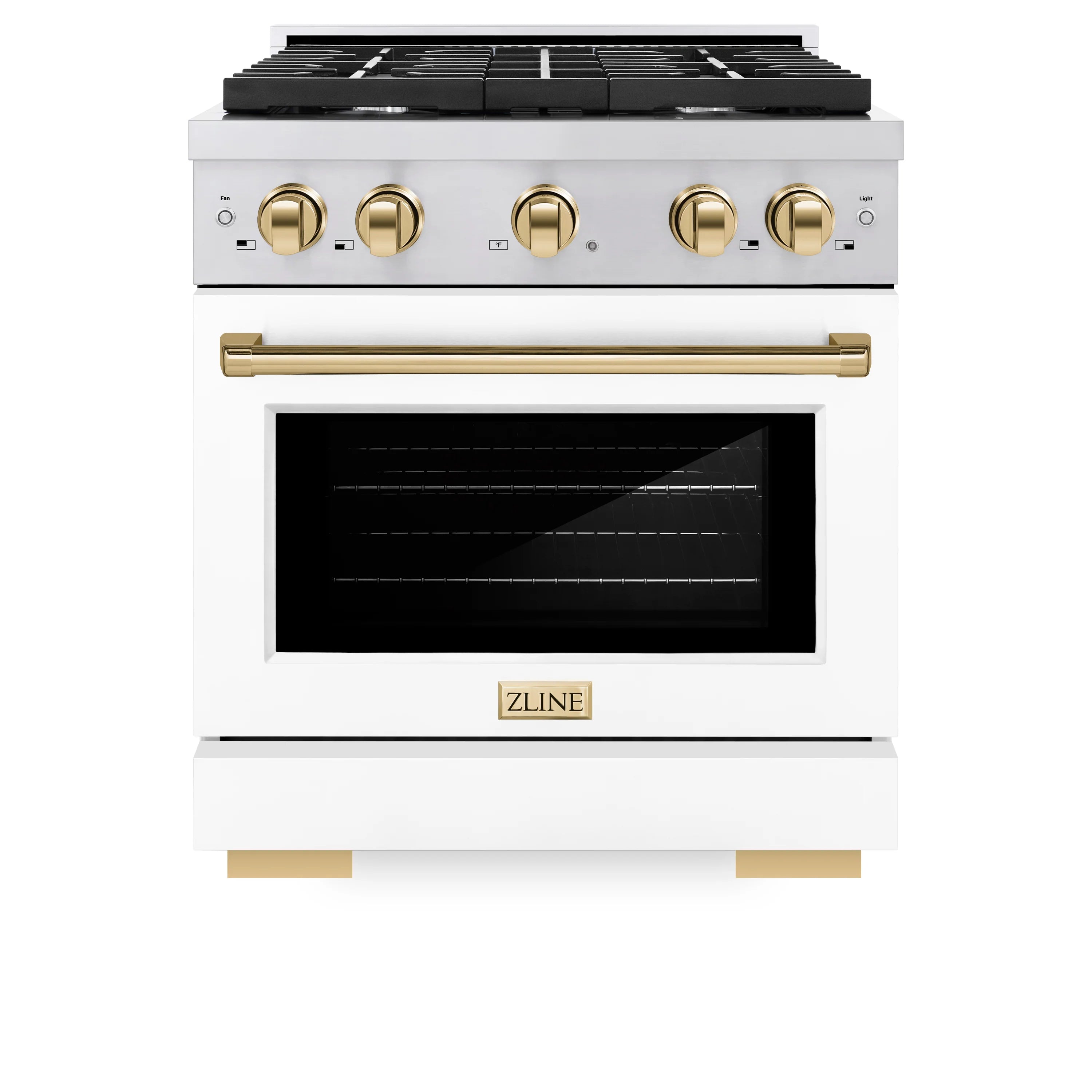 White gas range with gold knobs and black glass oven door