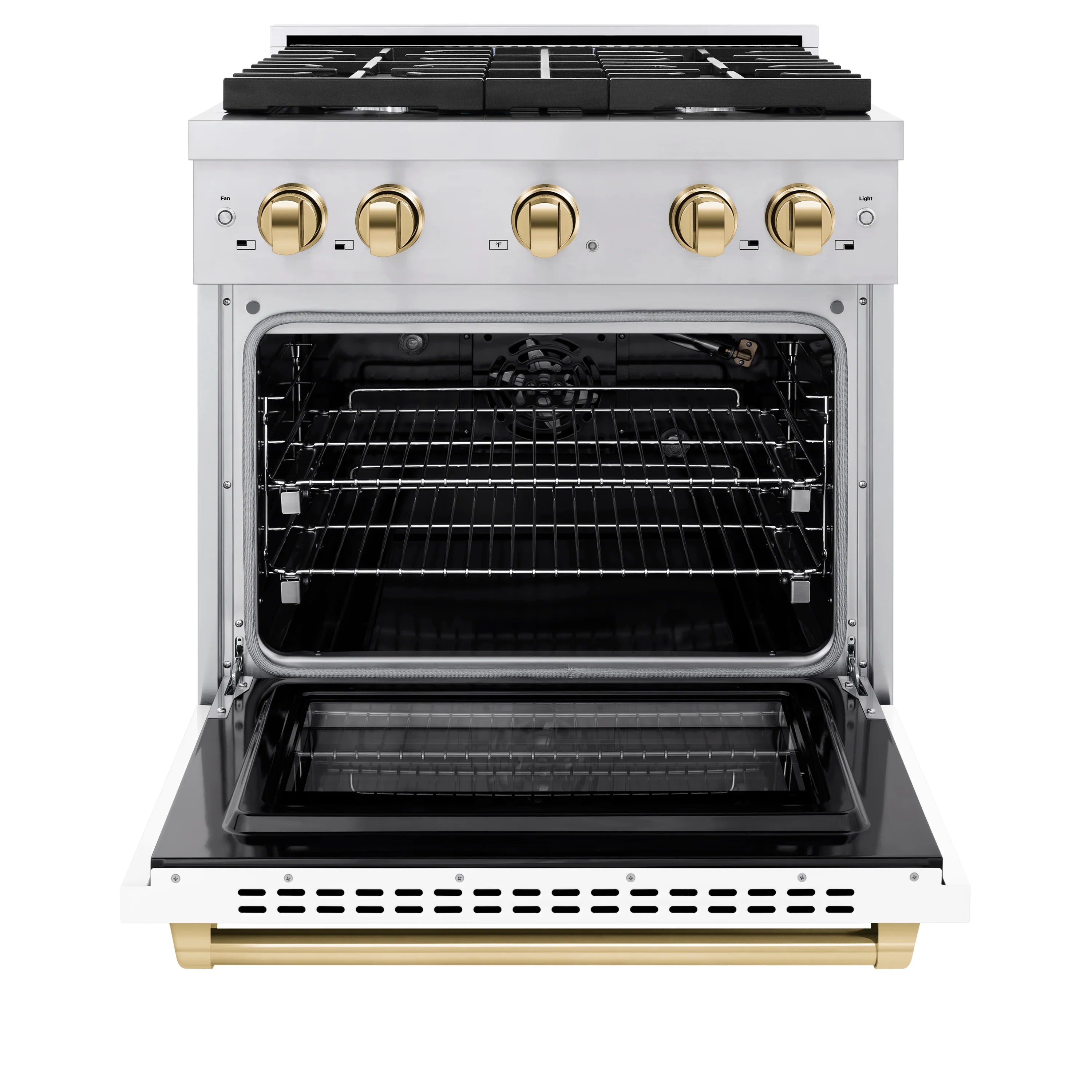 Gas range with open oven door showing racks and black interior