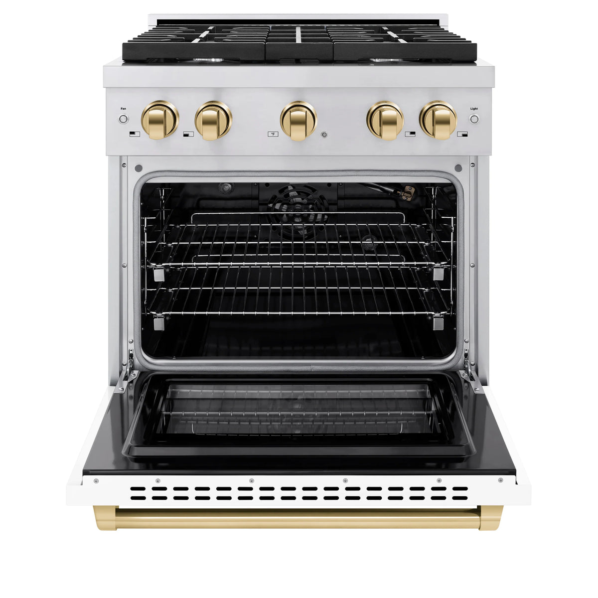 Open-door view of white gas range oven with racks and black interior