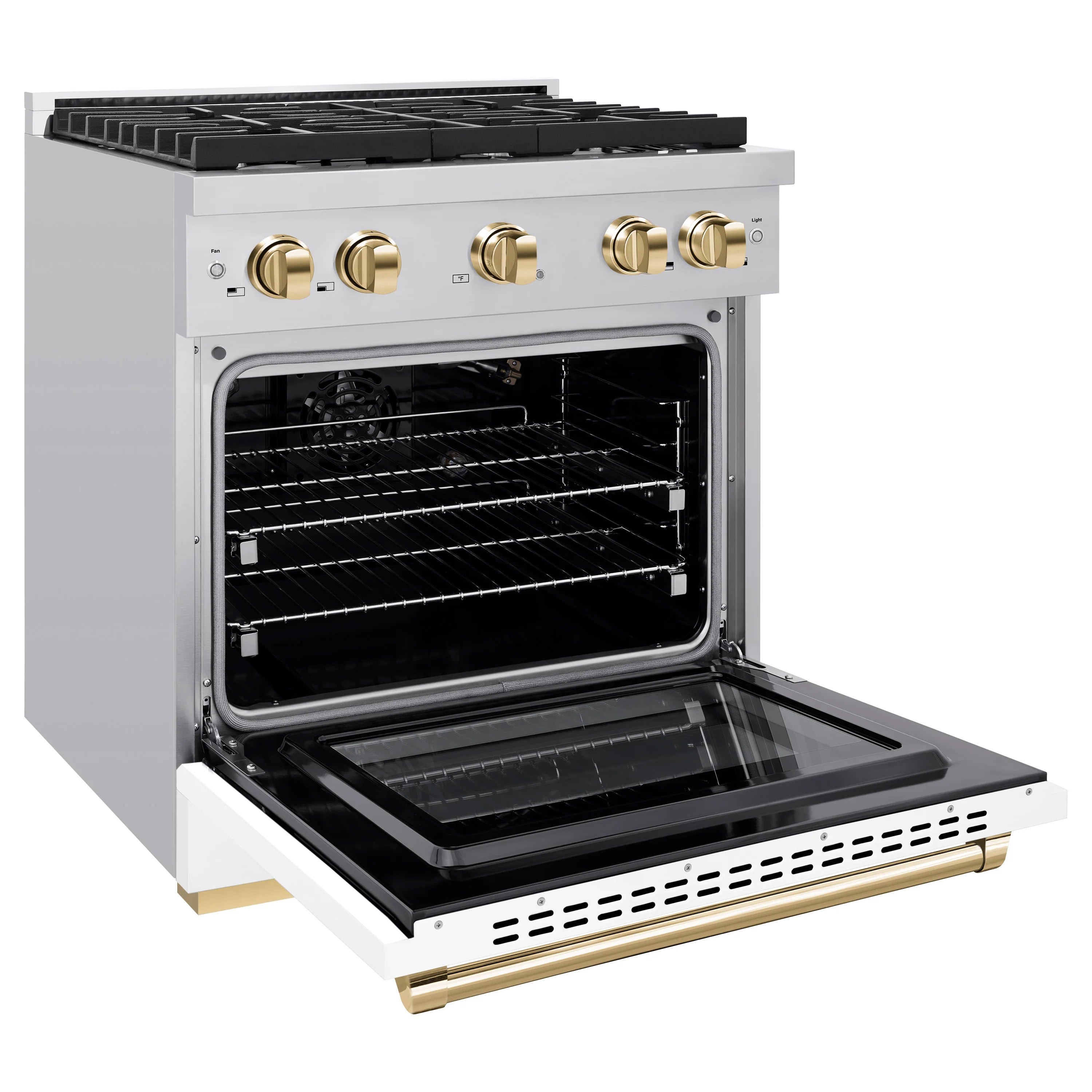 White gas range with open oven door, black racks, and gold control knobs