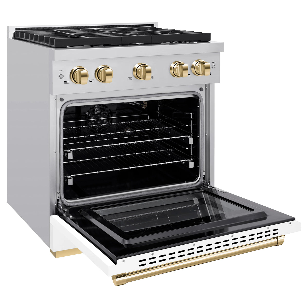 White gas range with open oven door, black cooktop, and gold control knobs
