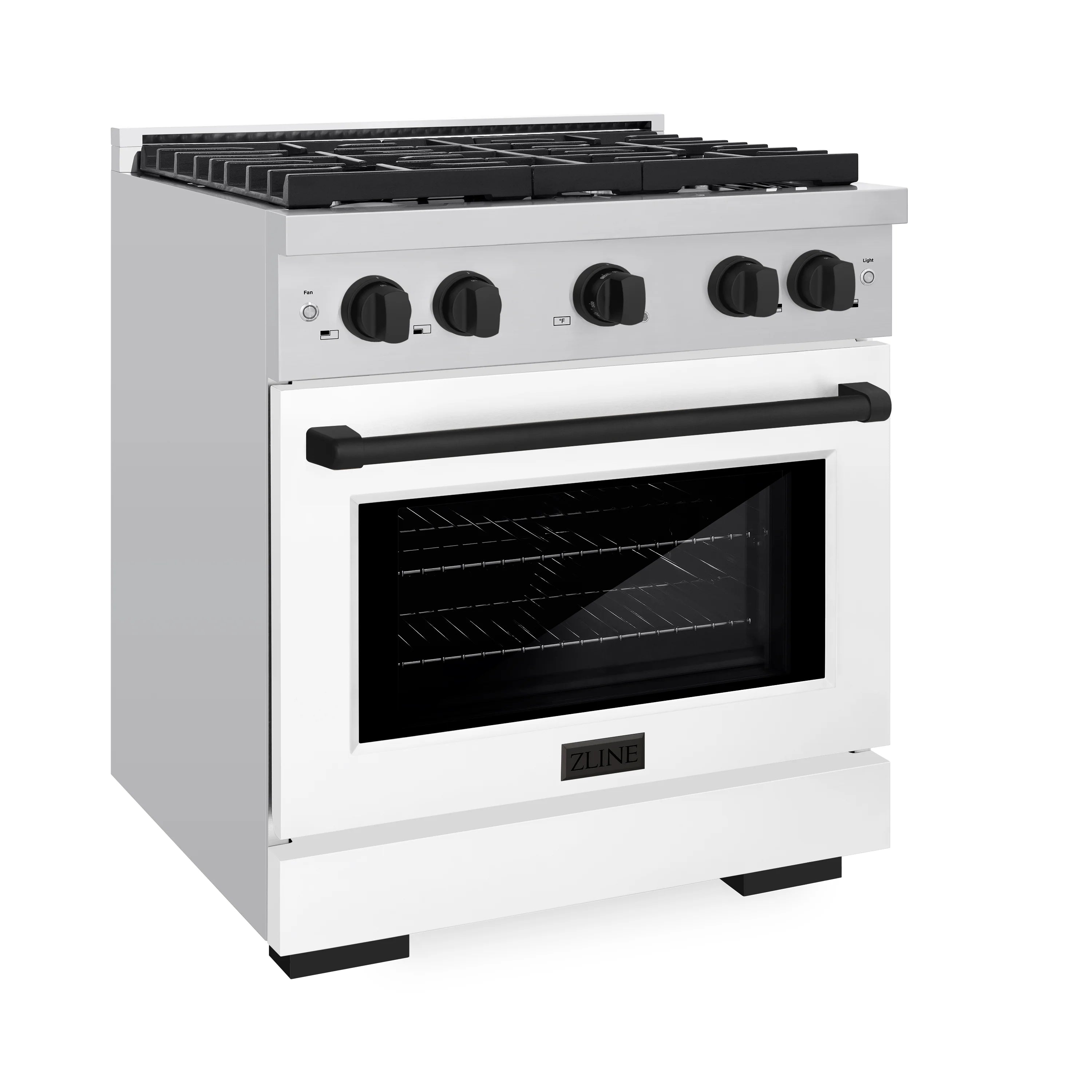 White 30-inch gas range with black grates, control knobs, and oven window