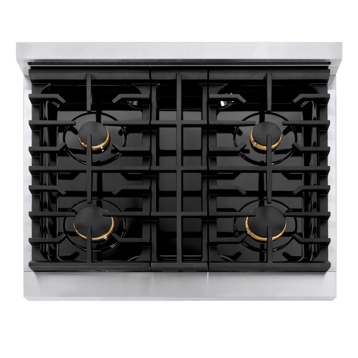 Four-burner cooktop with black grates and round burner heads