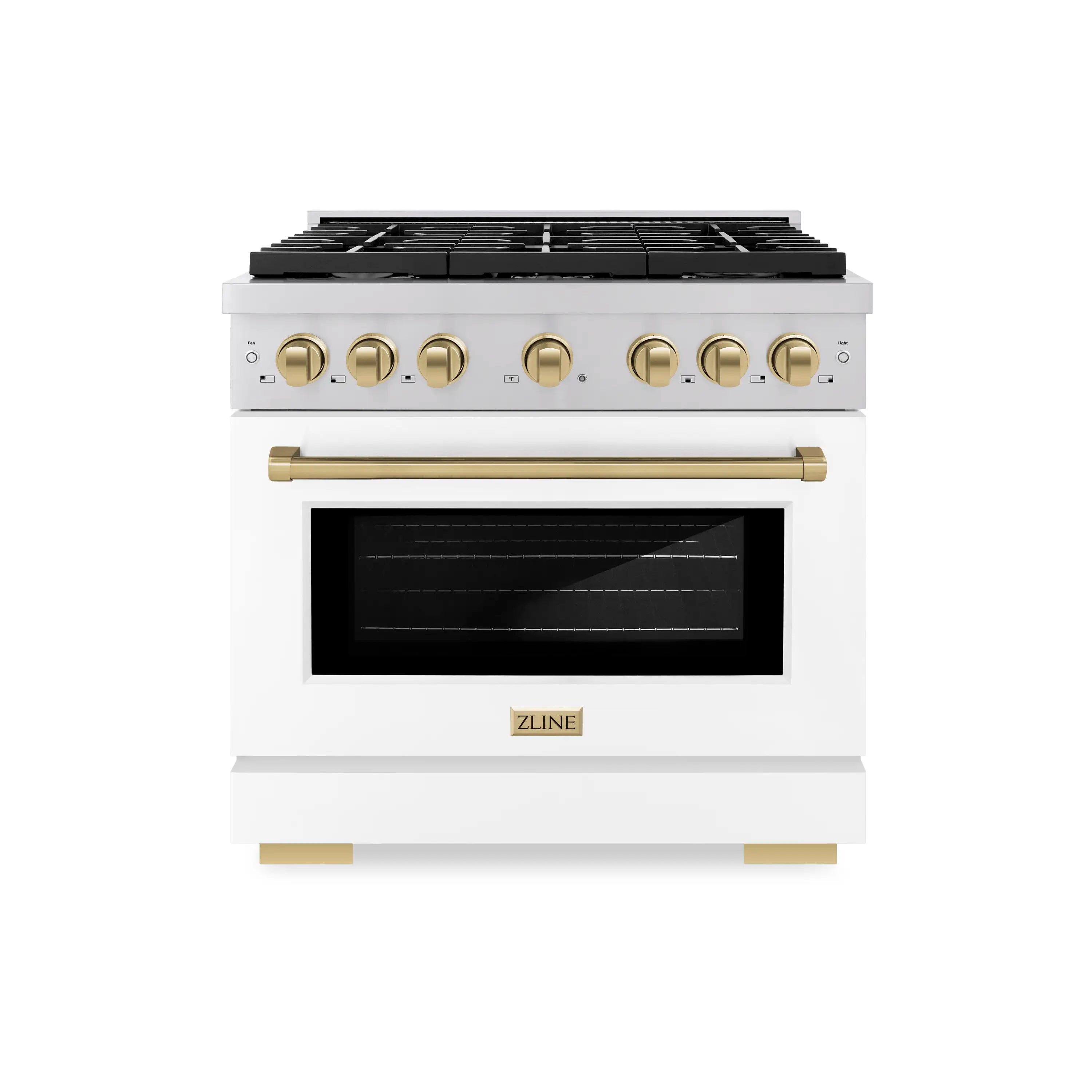 36-inch gas range front view in white with black cooktop and champagne bronze accents