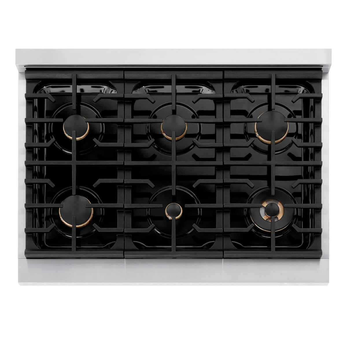 Black gas cooktop with six burners and grates, champagne bronze burner rings and control caps