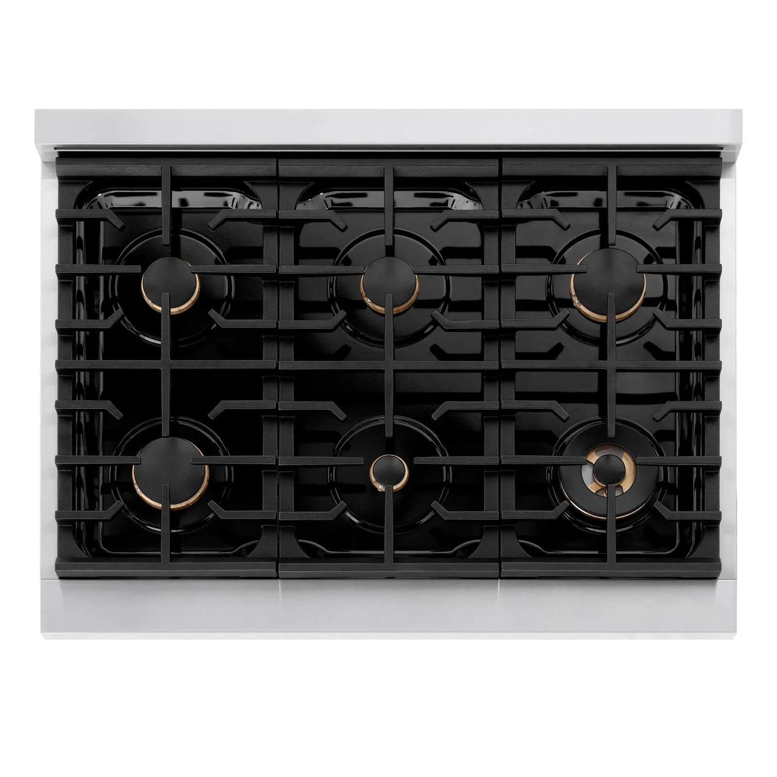 Six-burner gas cooktop grate set on black cooktop with gold accents