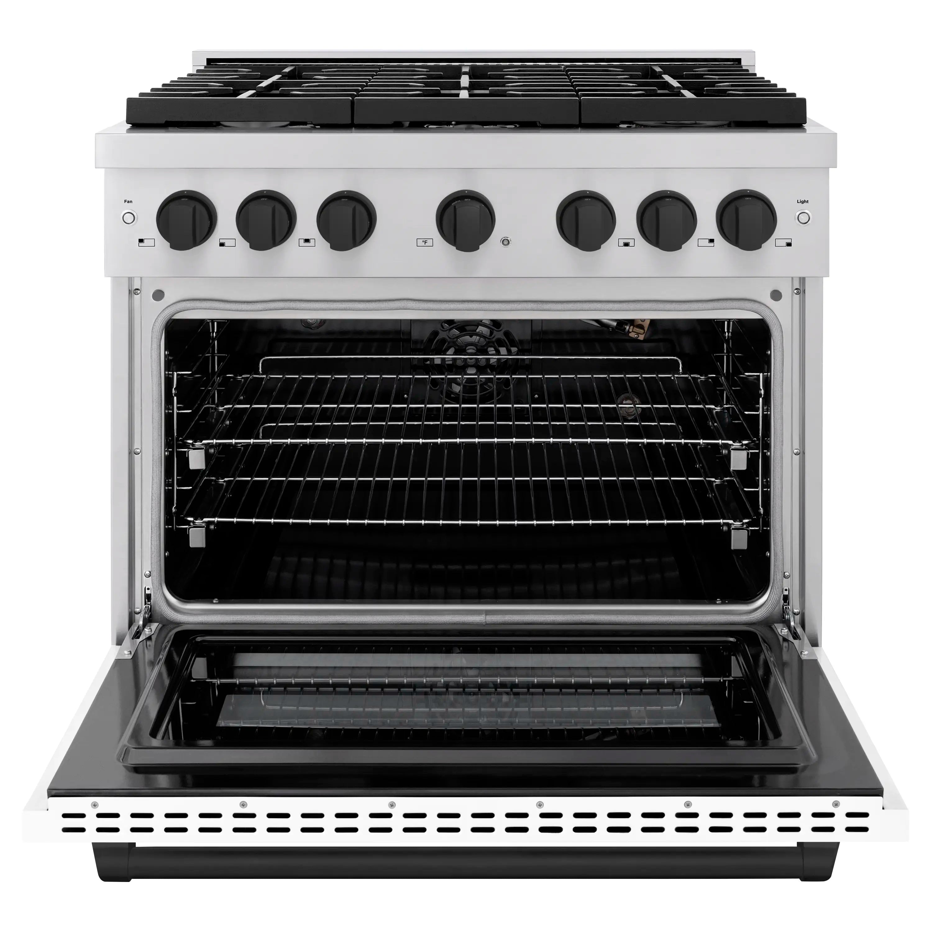 Open convection gas oven with racks and perforated base panel