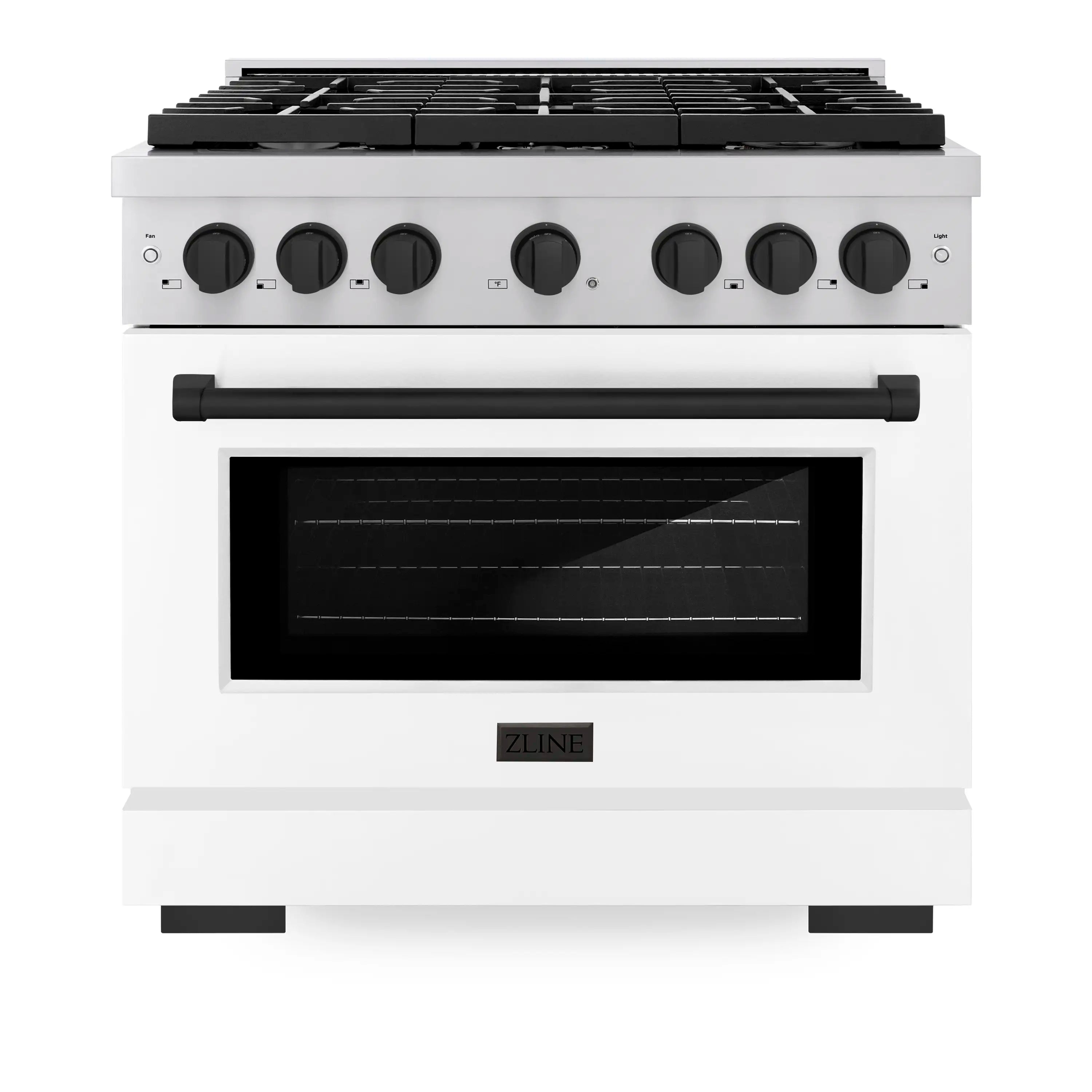 Stainless gas range with black oven window, black handle bar, and control knobs