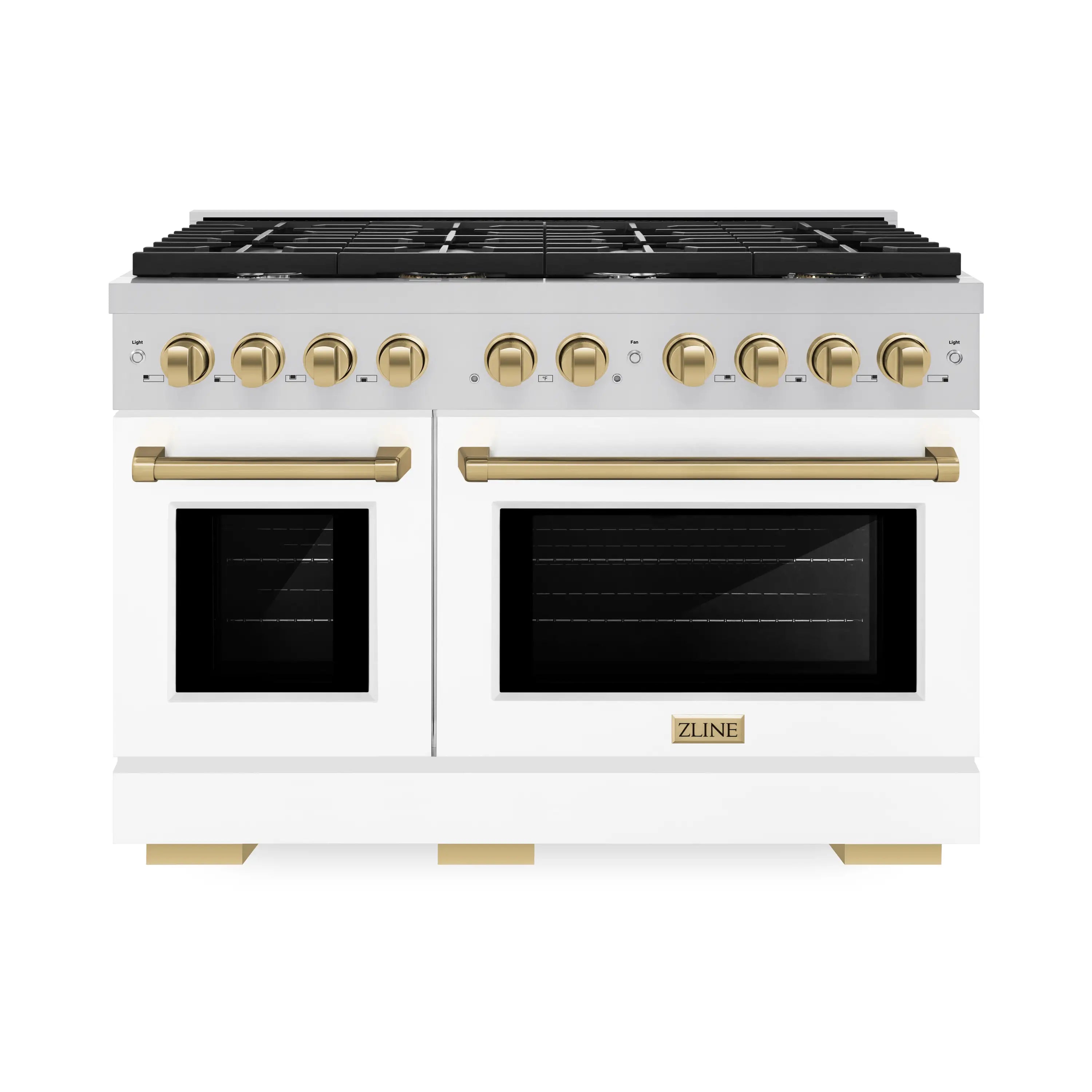 Stainless white gas range with two ovens, black cooktop, and champagne bronze handles
