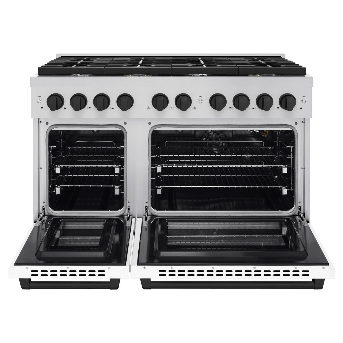 White gas range with two open ovens showing wire racks and black interior