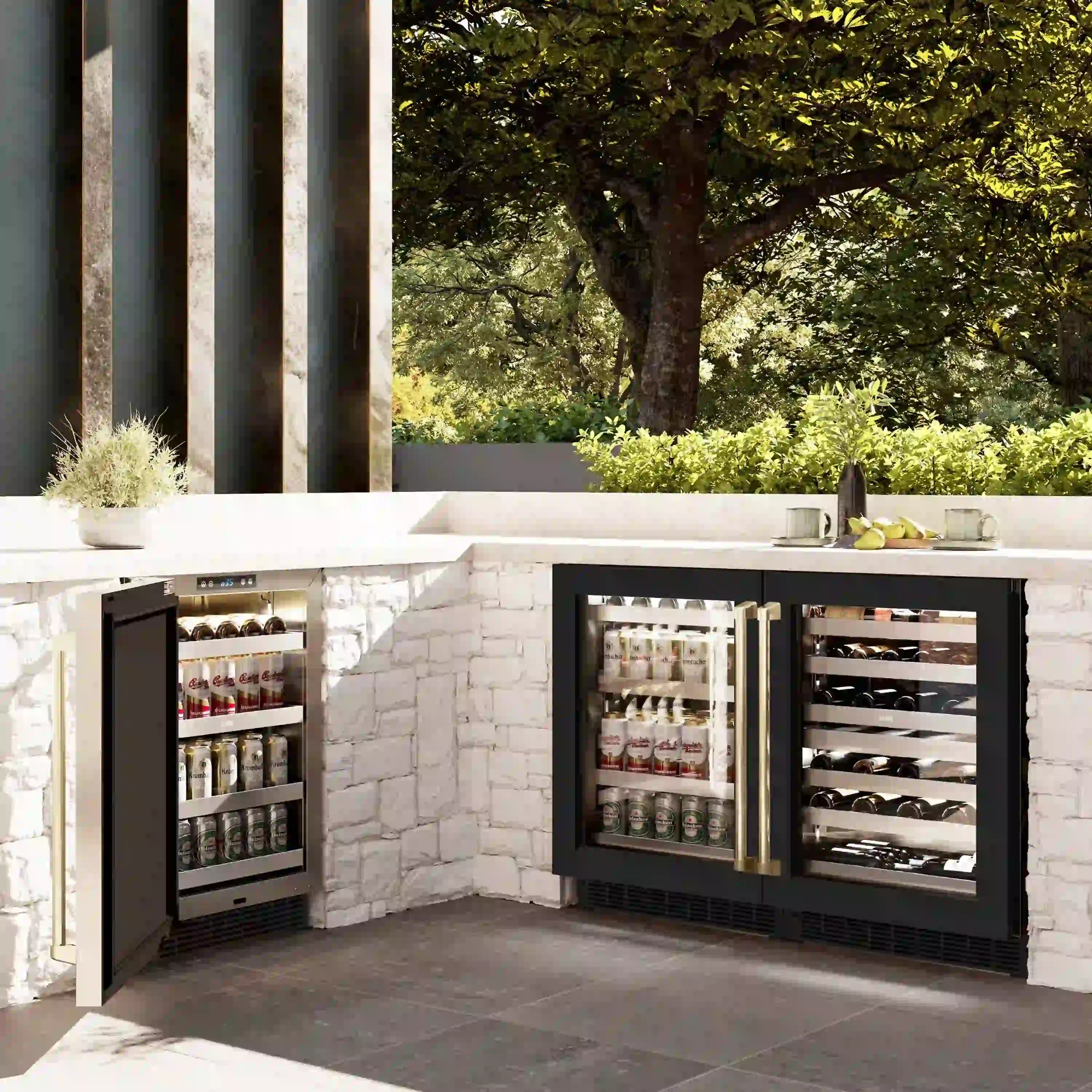 Beverage fridge built-in unit with open black doors showing bottle and can shelves