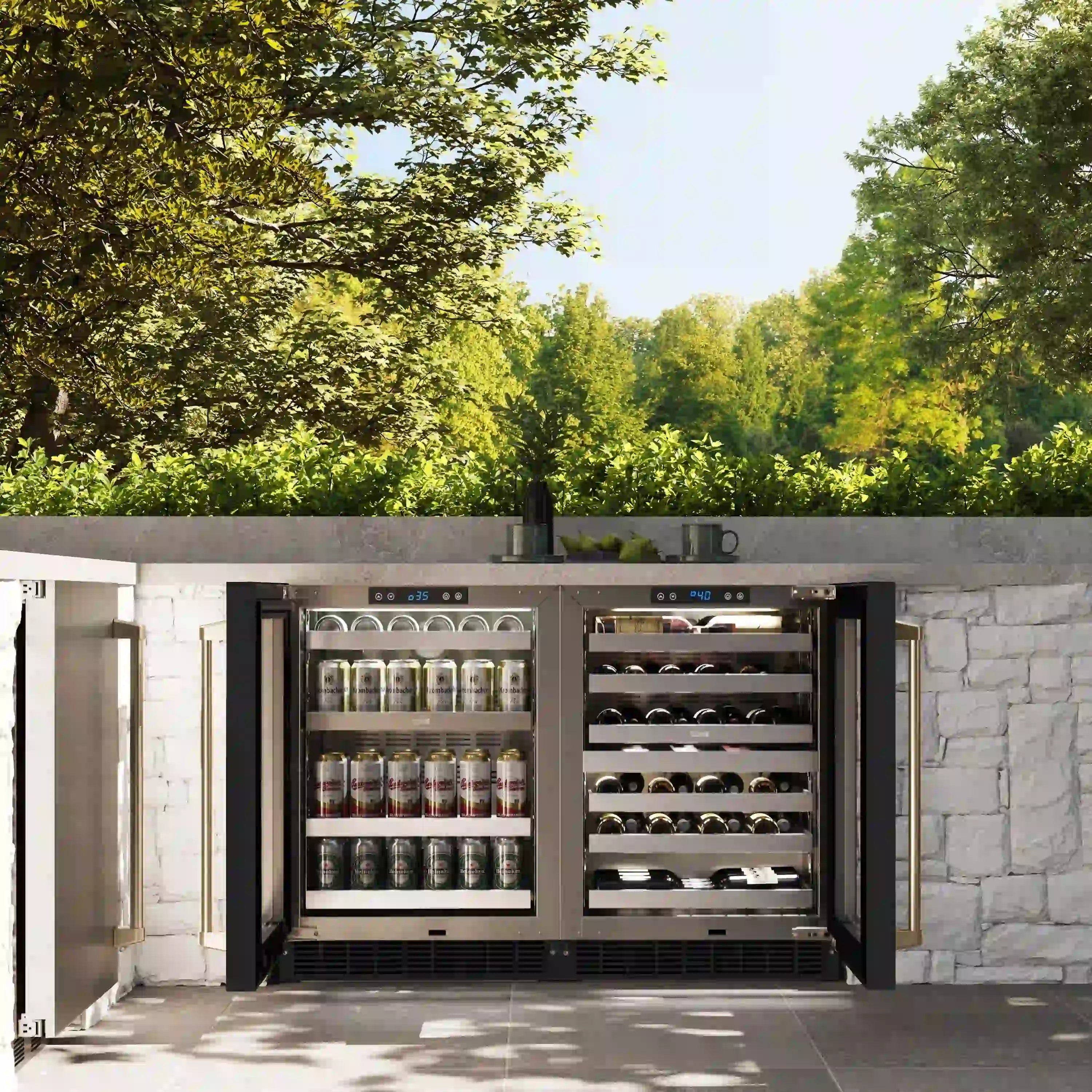 Built-in dual-zone wine cooler with black glass doors, displaying bottles on interior racks