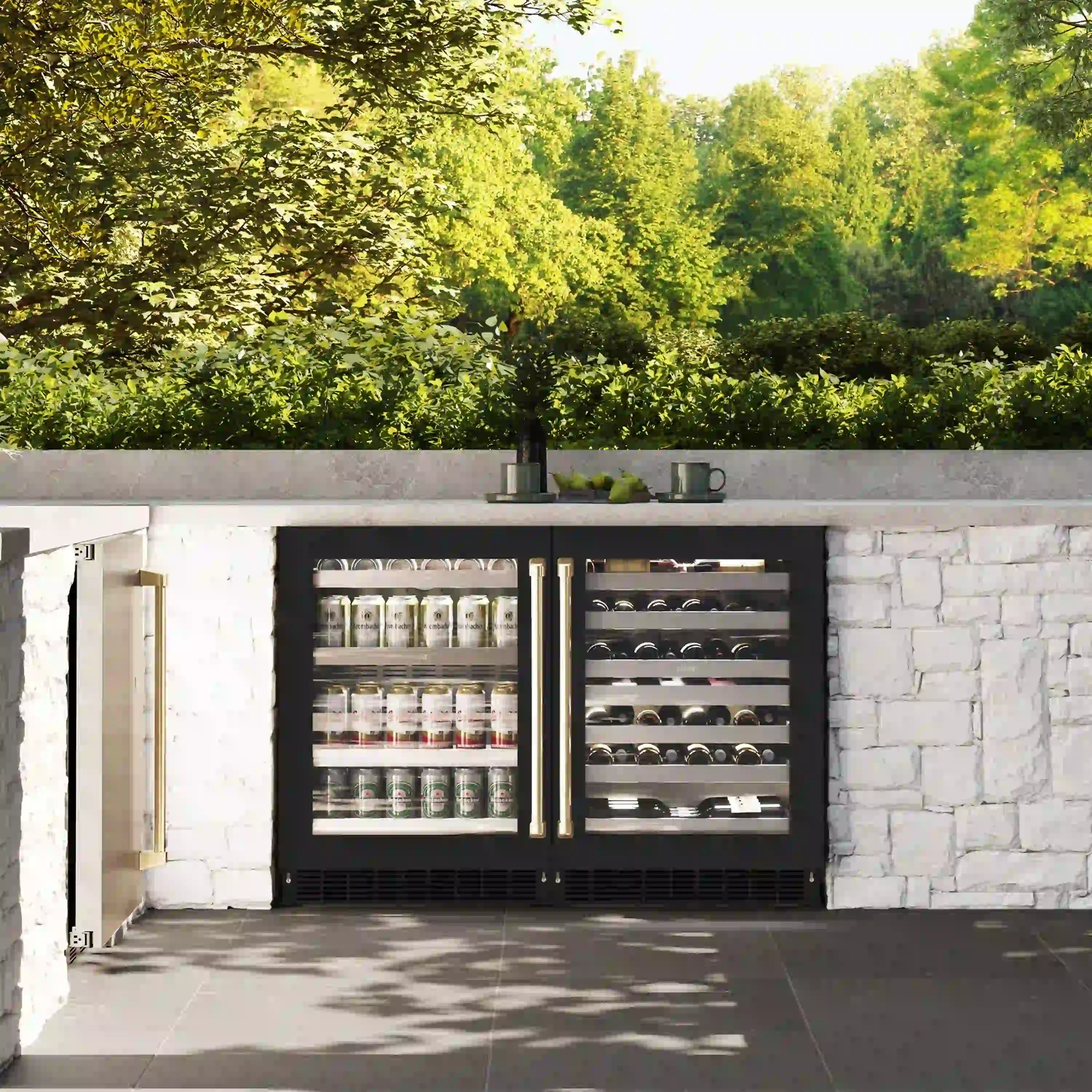 Built-in dual-zone wine cooler with black glass doors and bottle racks, front exterior view