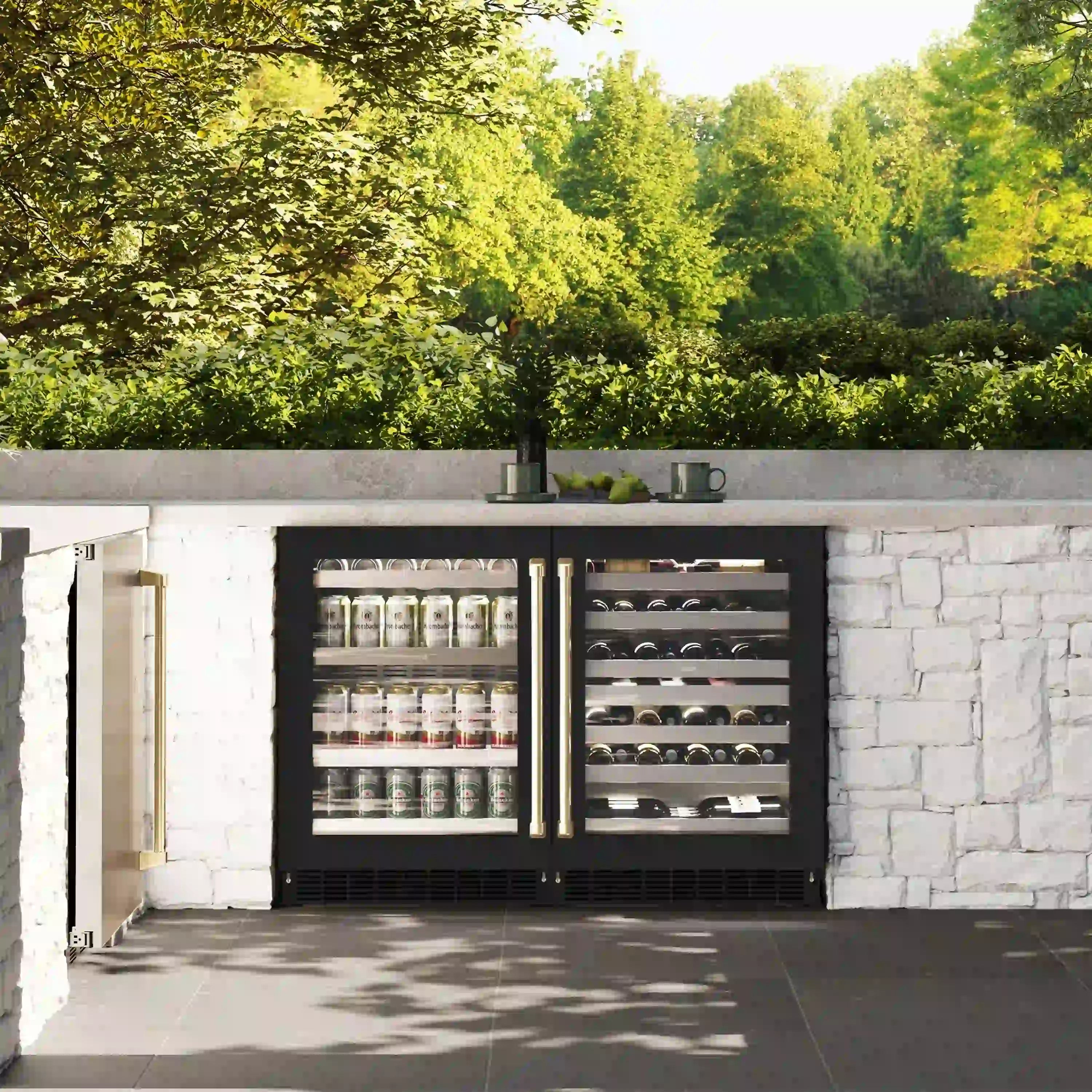 Built-in beverage refrigerator with black matte glass doors and interior wine racks
