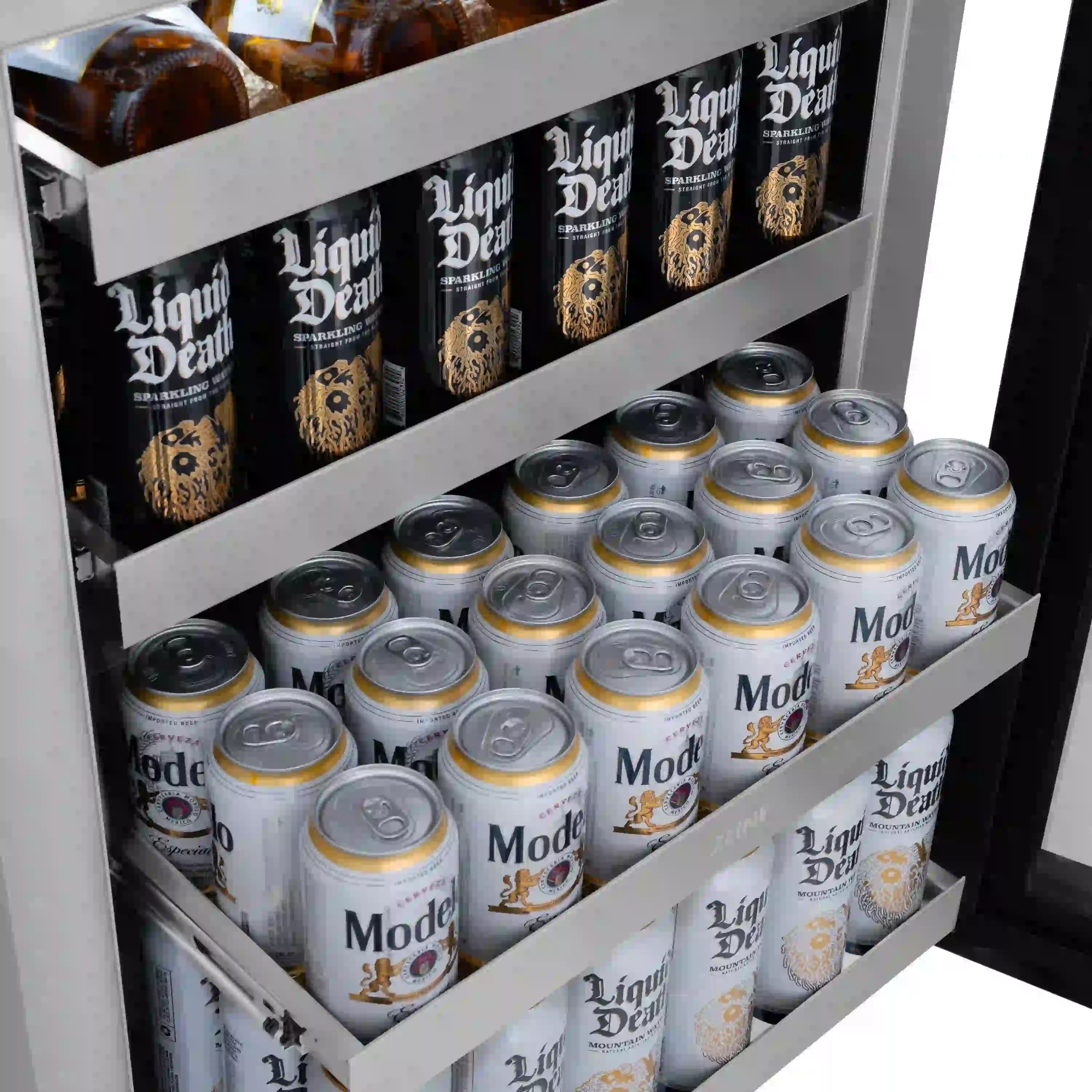 Dual-zone wine cooler interior with metal shelves holding assorted canned drinks