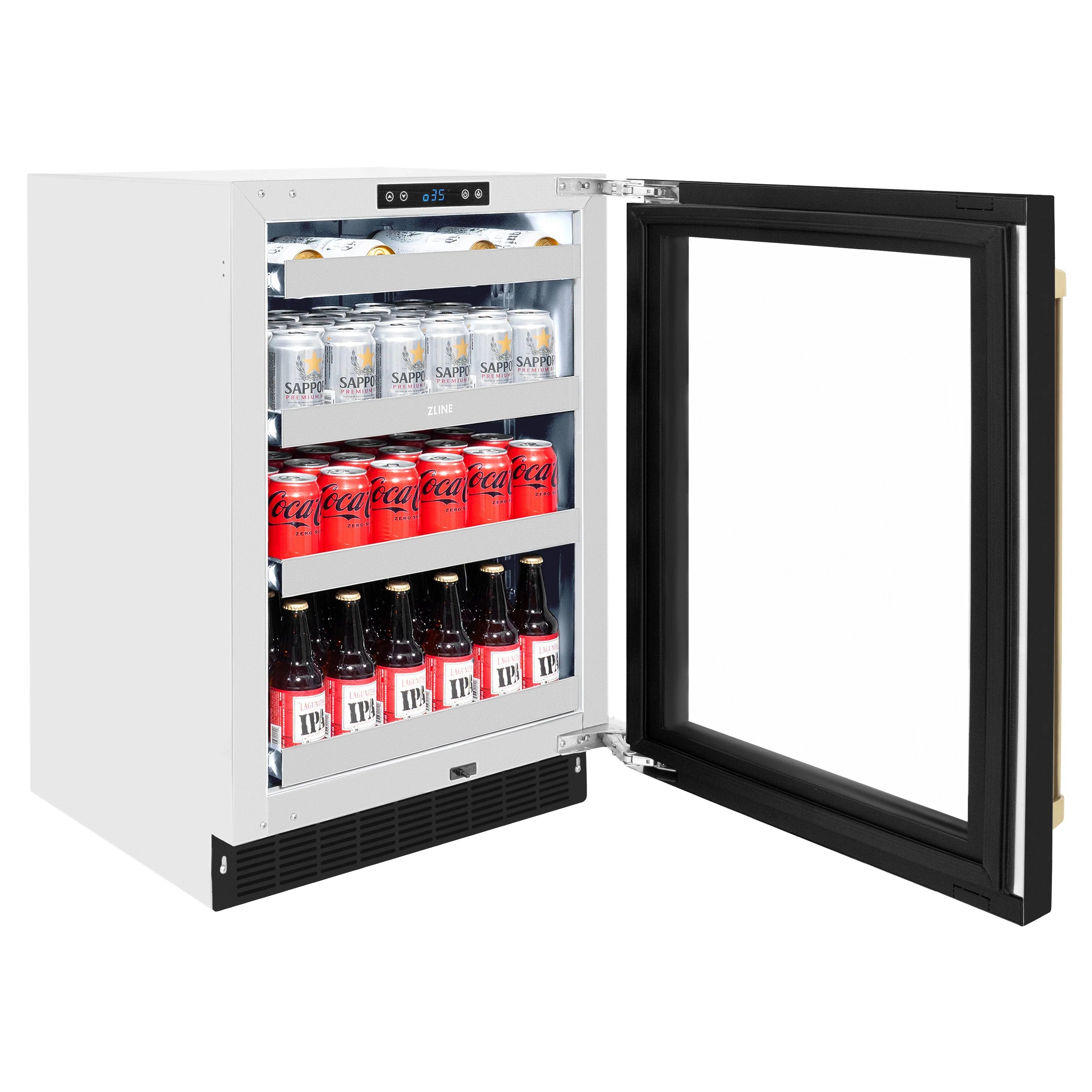 Dual-zone wine cooler with open door showing interior racks and bottles