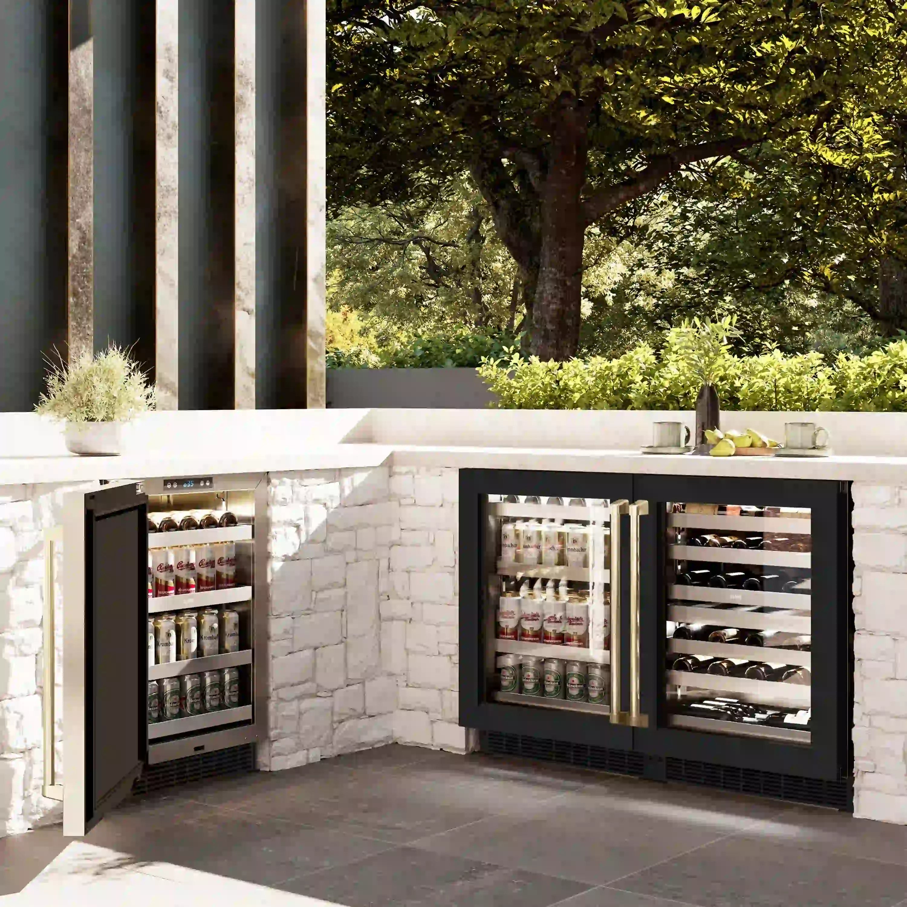 Built-in wine cooler with open double doors and wine bottle storage racks