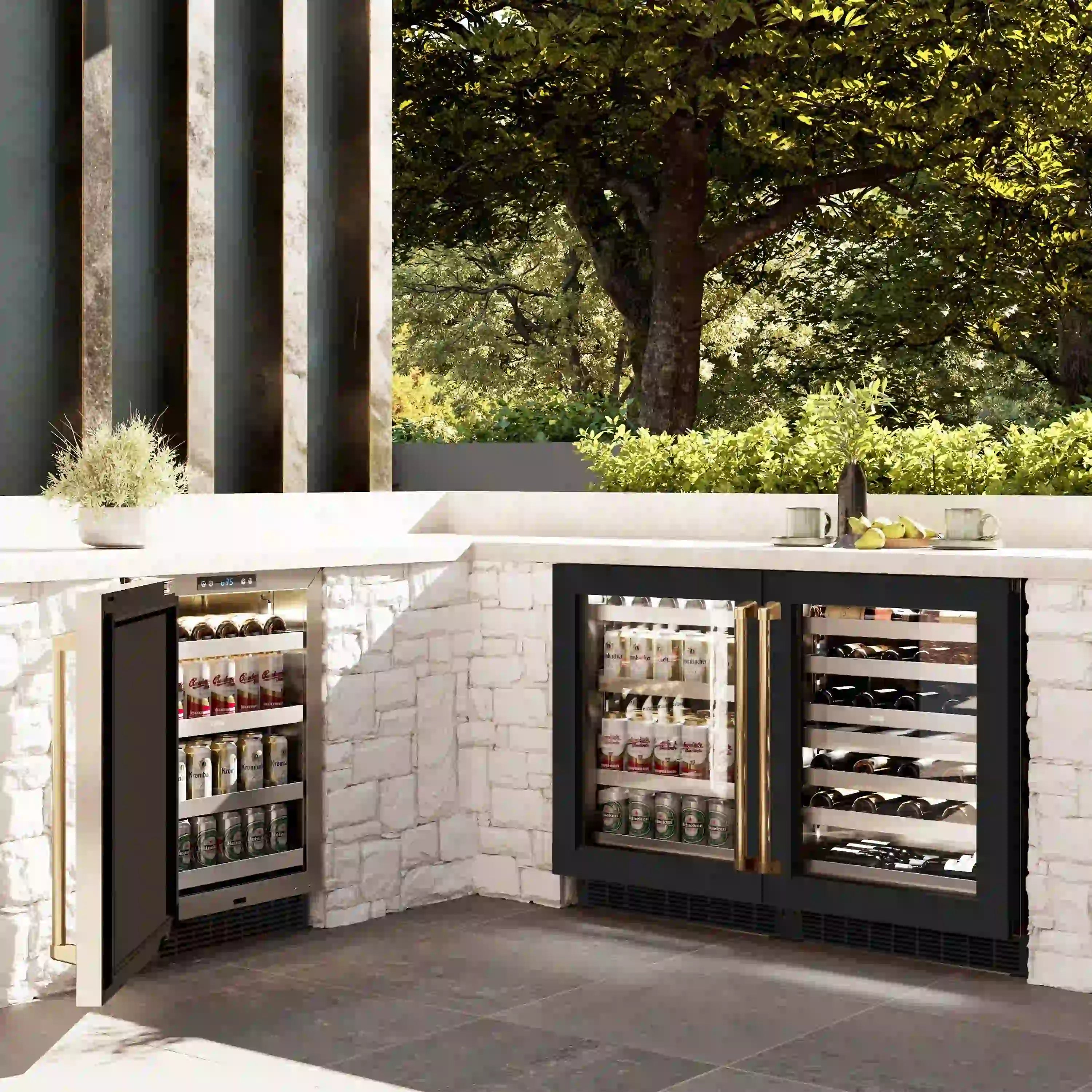 24-inch beverage fridge with black matte glass door, stocked shelves, and polished gold handle