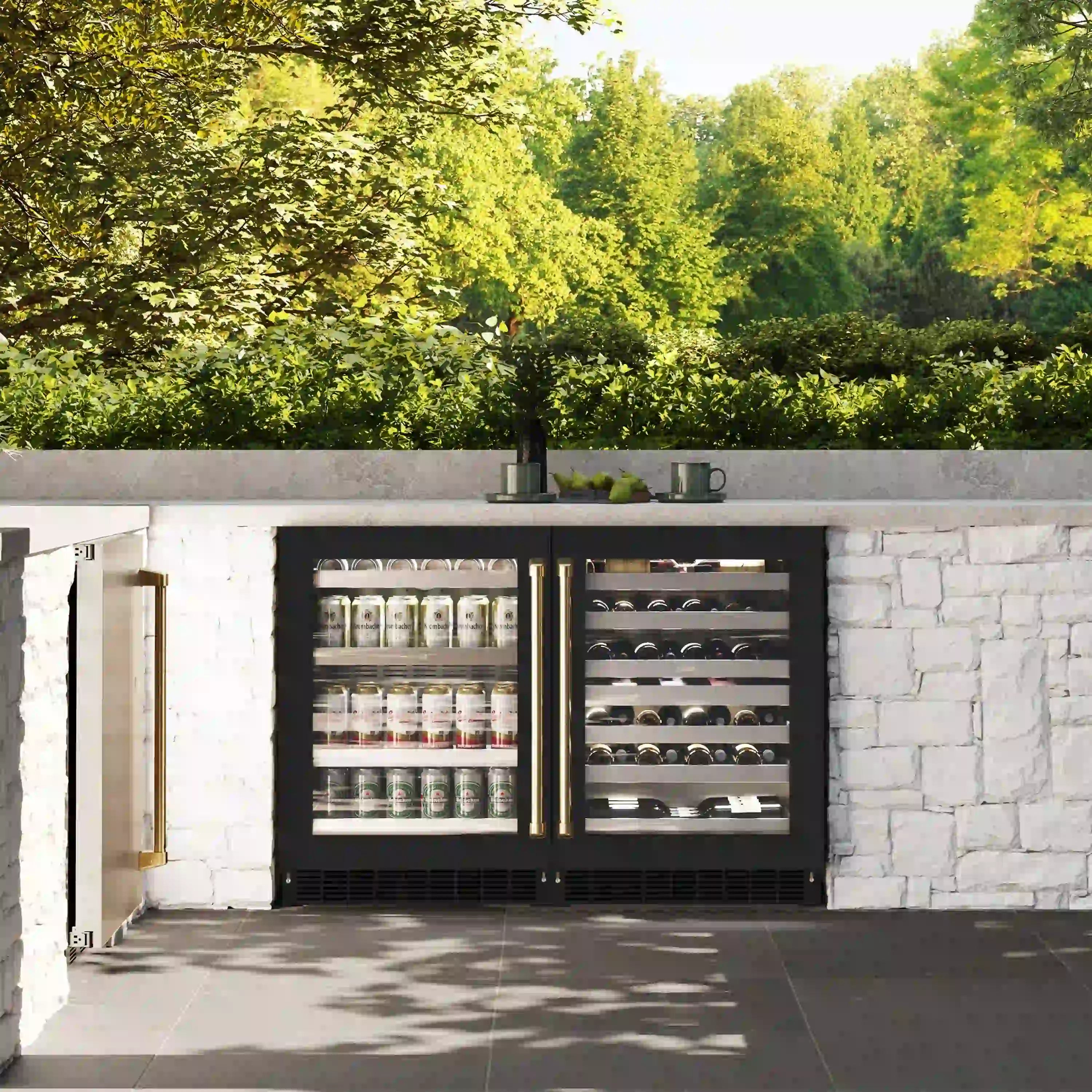 Built-in beverage fridge with black glass doors open, interior shelves and gold handles