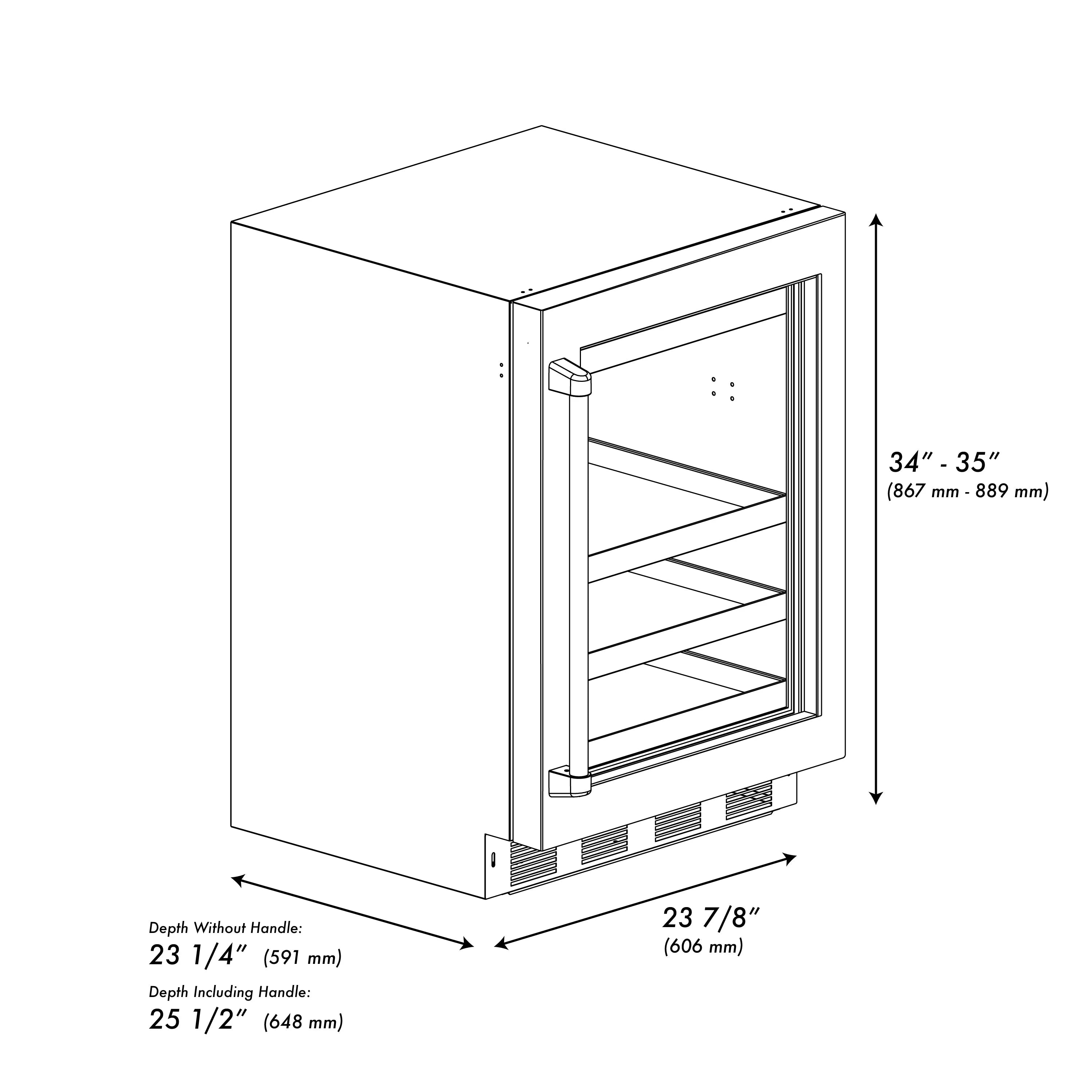 Wine cooler size diagram with door and depth measurements