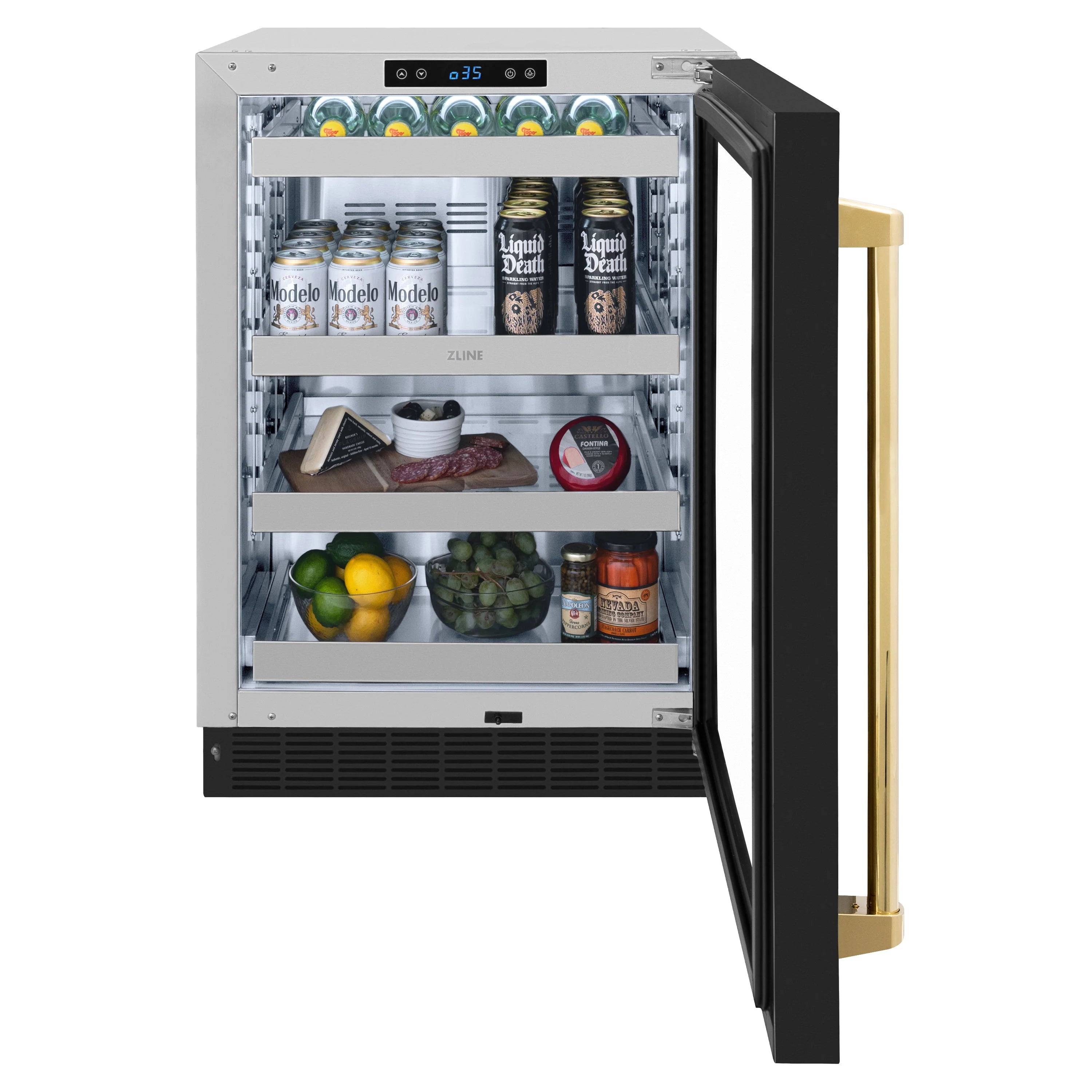 Dual-zone wine cooler with glass door, interior shelves stocked with drinks