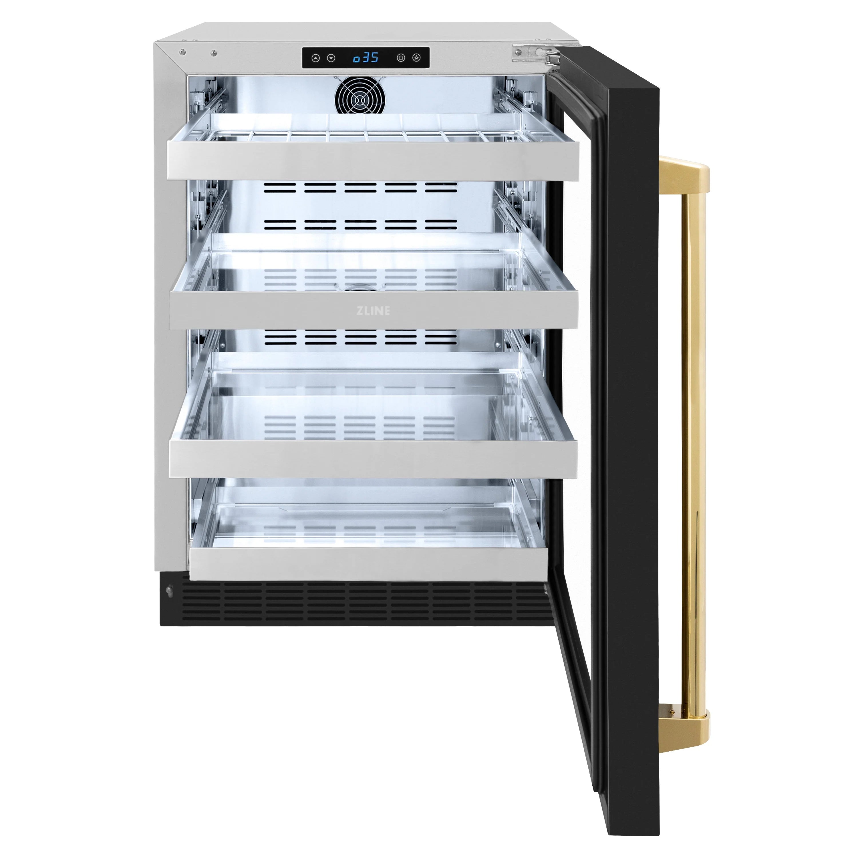 24-inch wine cooler with black frame, open shelves, and polished gold side handle