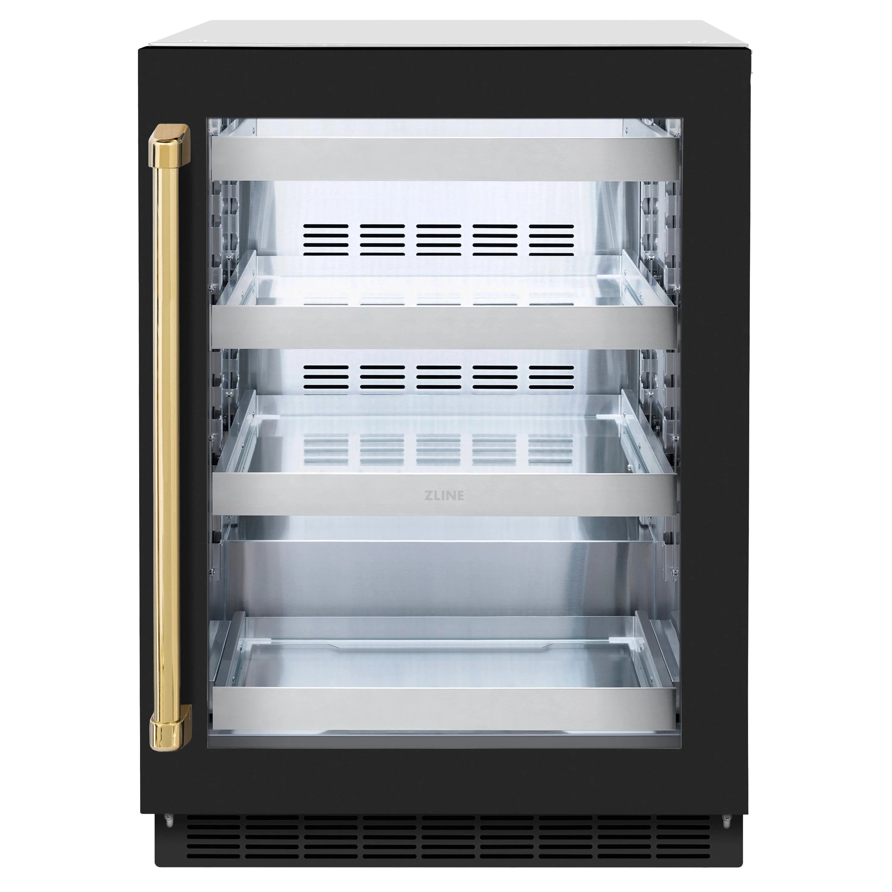 Black-front wine cooler with dual-zone shelves visible through open glass door