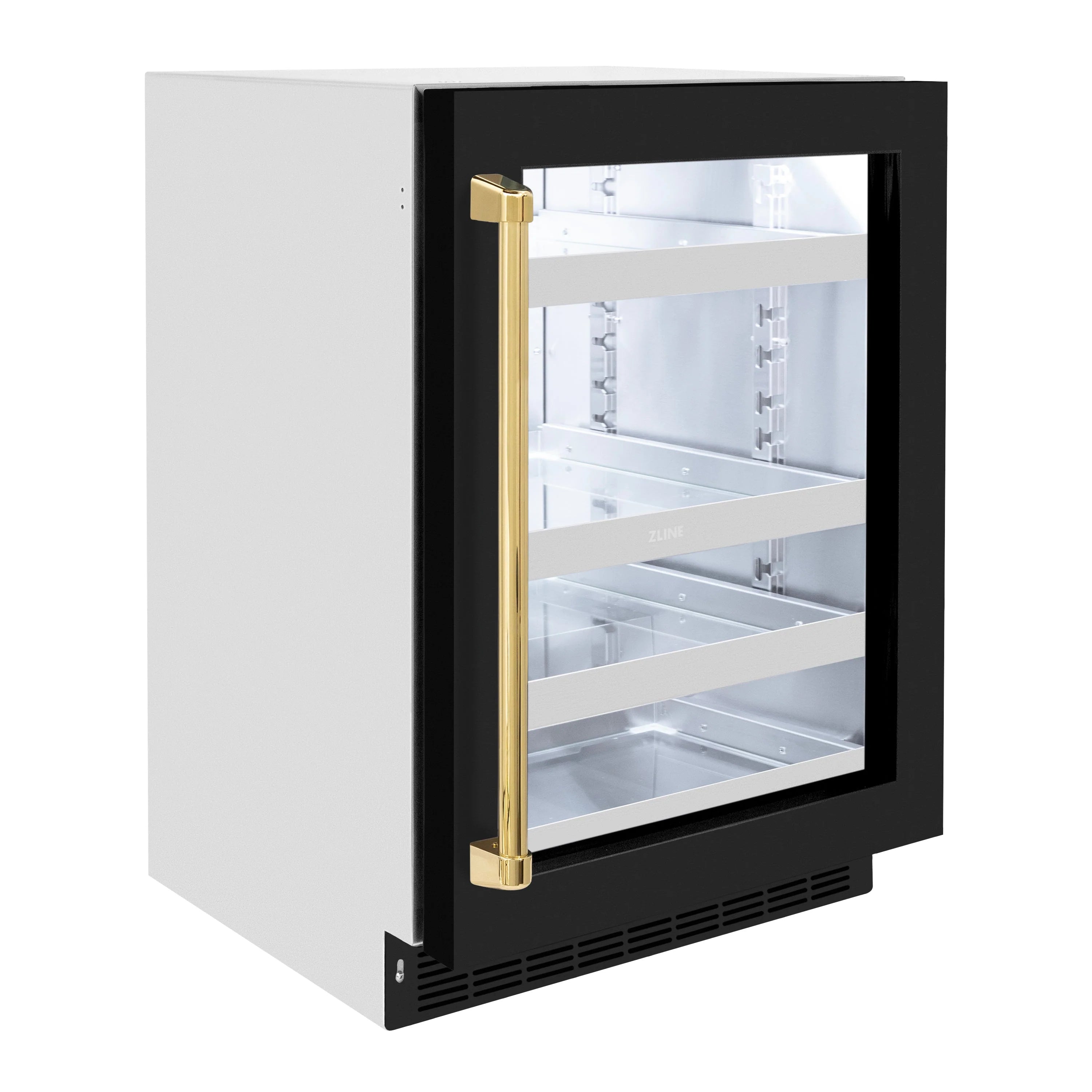 Wine cooler with black glass door and polished gold vertical handle