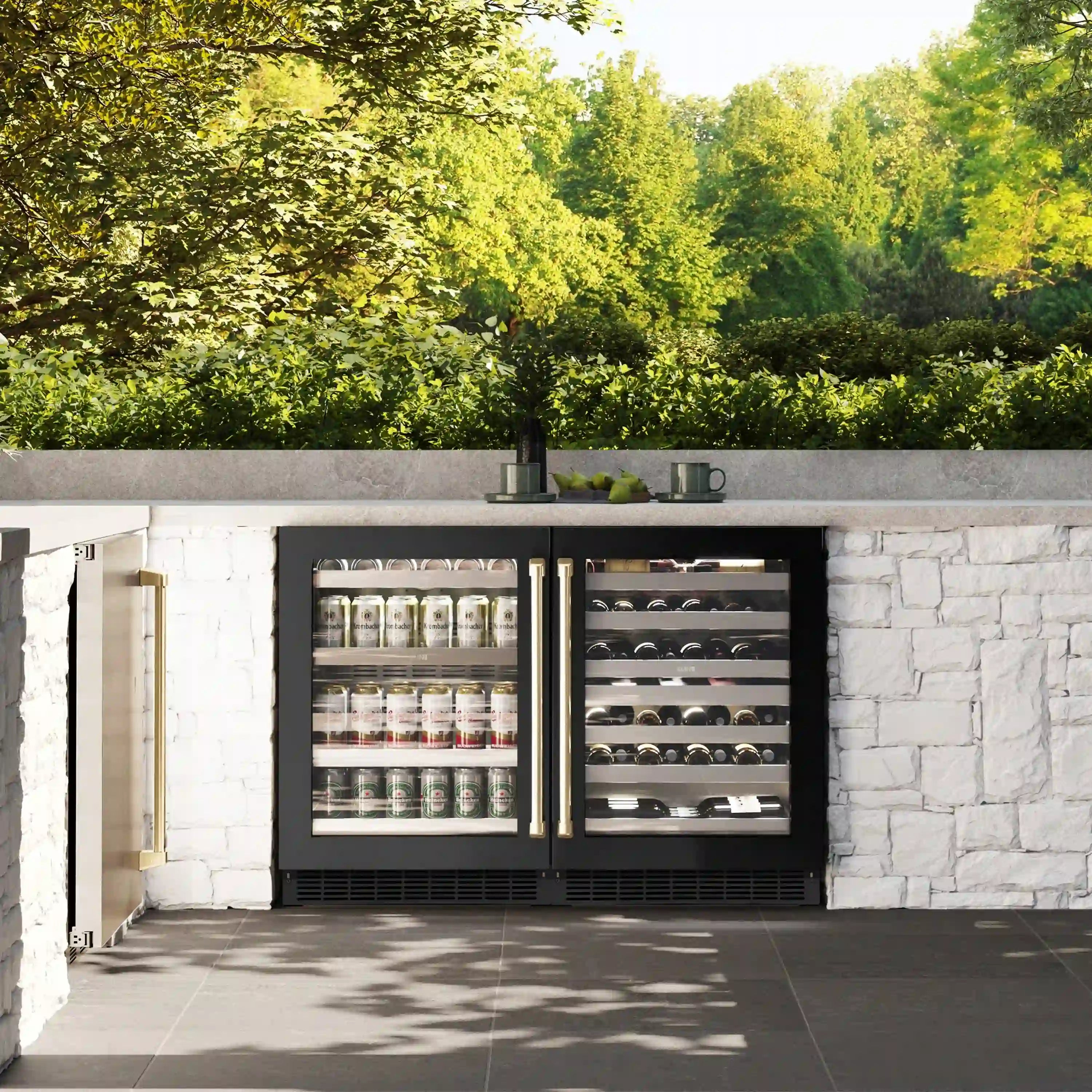 Built-in beverage fridge with two glass doors open and shelves for cans and bottles