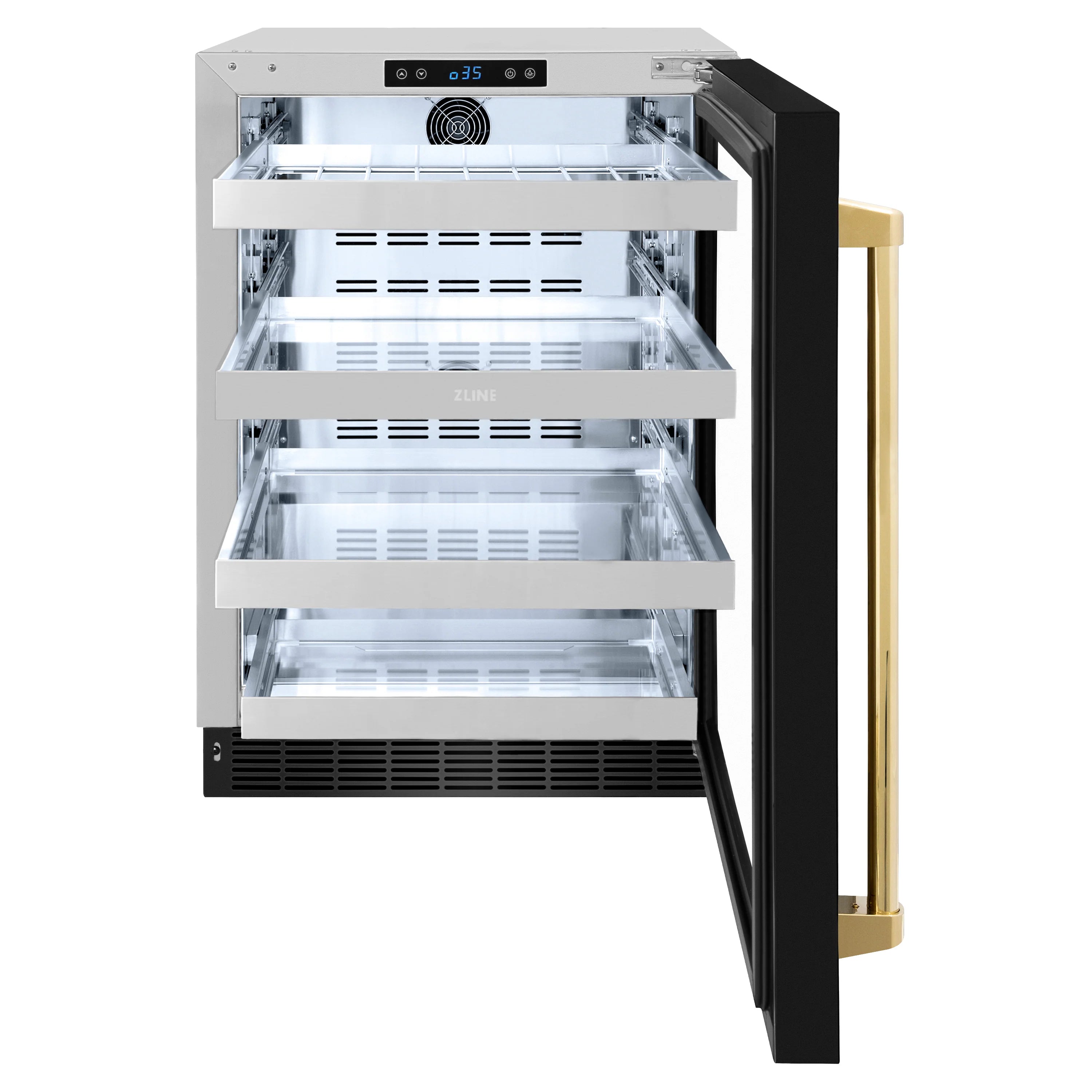 24-inch beverage fridge with open door, black stainless frame, gold handle, and illuminated shelves.