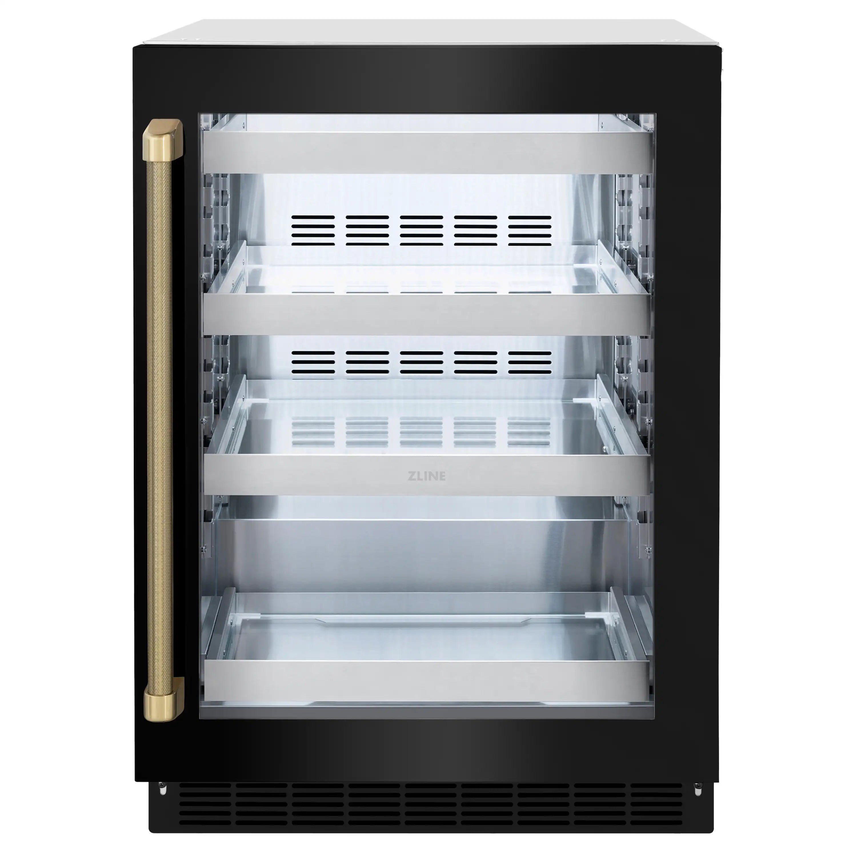 Black stainless beverage fridge with glass door open, showing white interior shelves