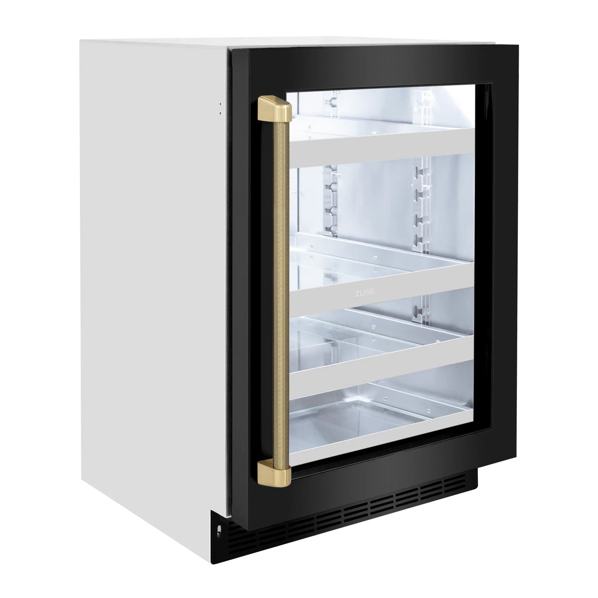 Black stainless beverage fridge with glass door and champagne bronze vertical handle