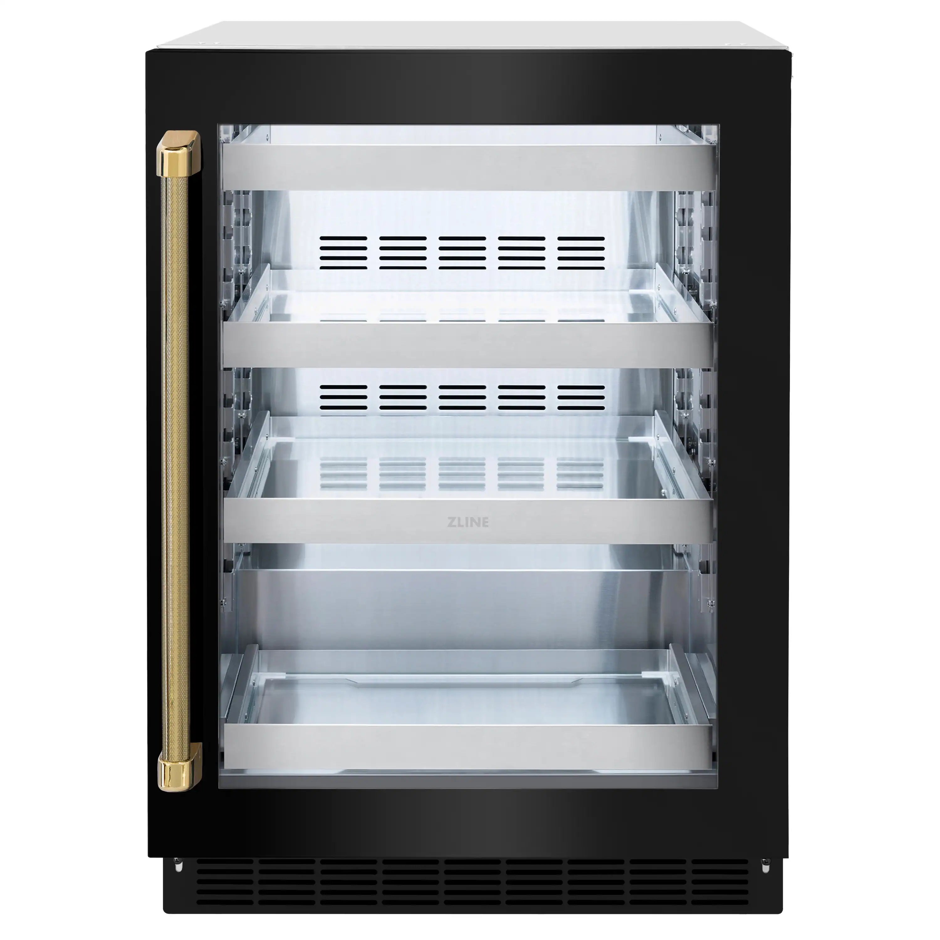 Black stainless beverage refrigerator with glass door open, gold handle, empty shelves