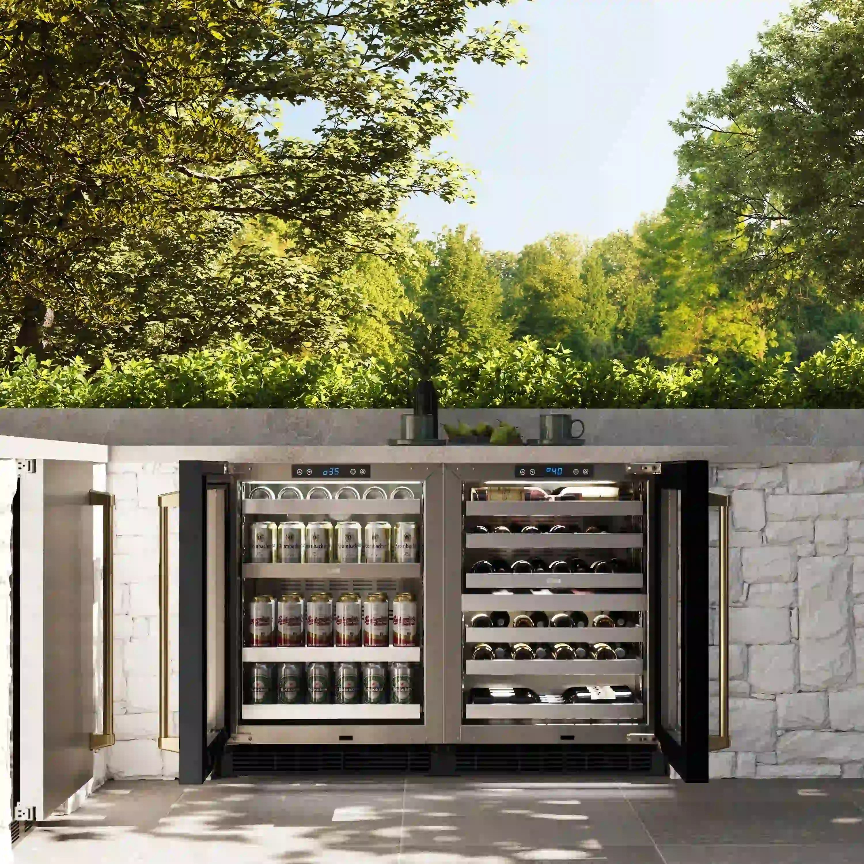 Dual-zone wine cooler with black glass doors, bottle racks, and polished gold handle