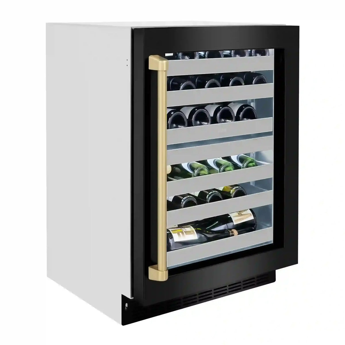 Black built-in wine cooler with open glass door and champagne-bronze handle, visible racks.