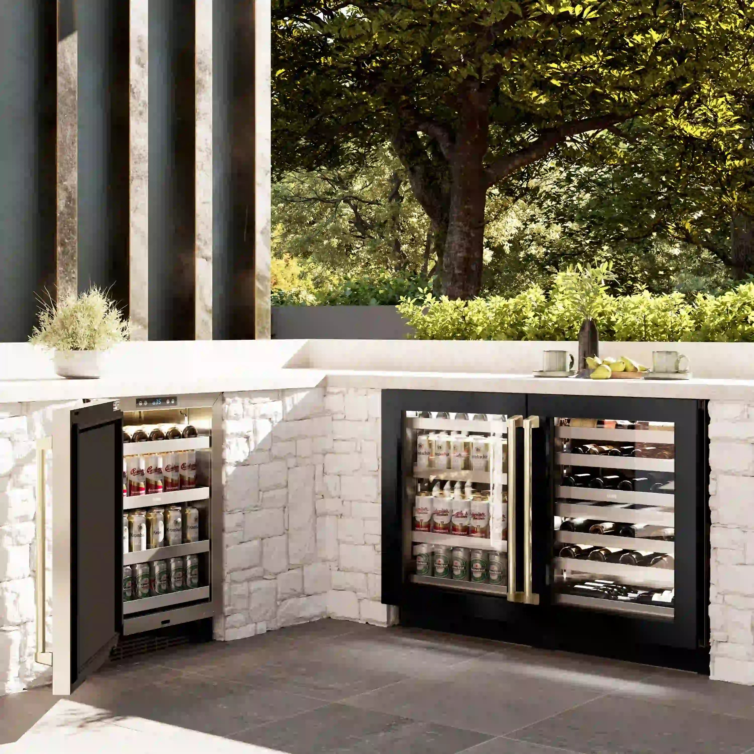 24-inch dual-zone wine cooler with black stainless frame and glass door, side-by-side open.