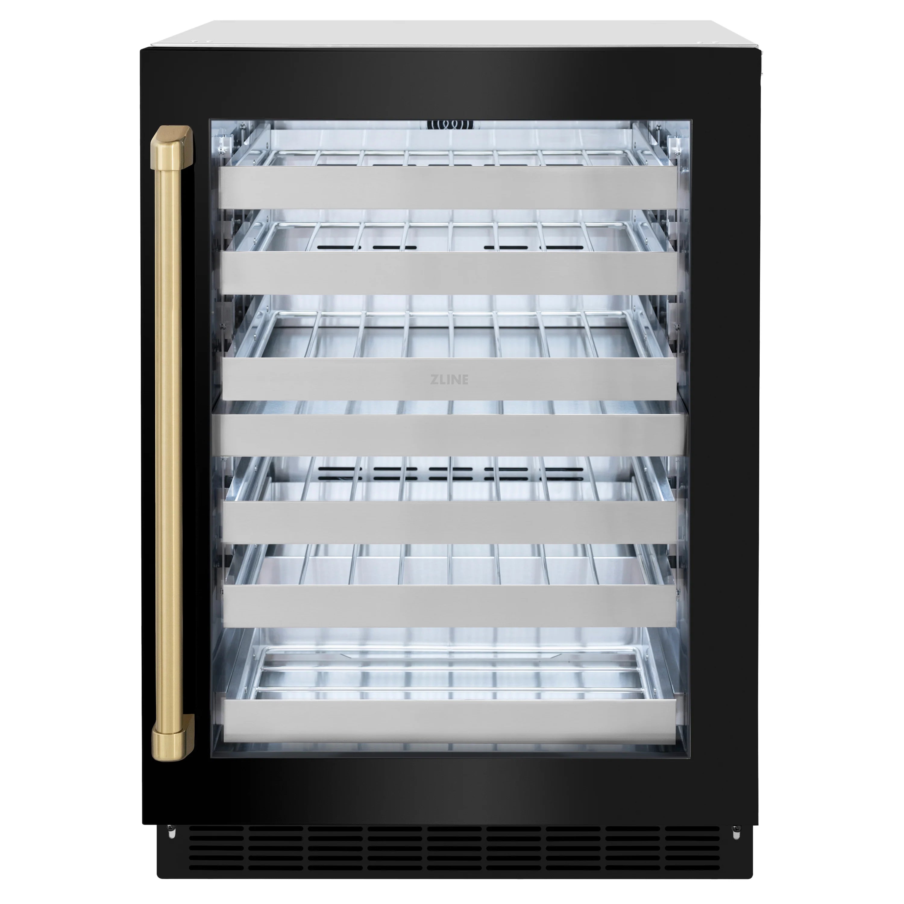 24 bottle wine cooler with black cabinet, clear glass door, interior shelves, bronze handle