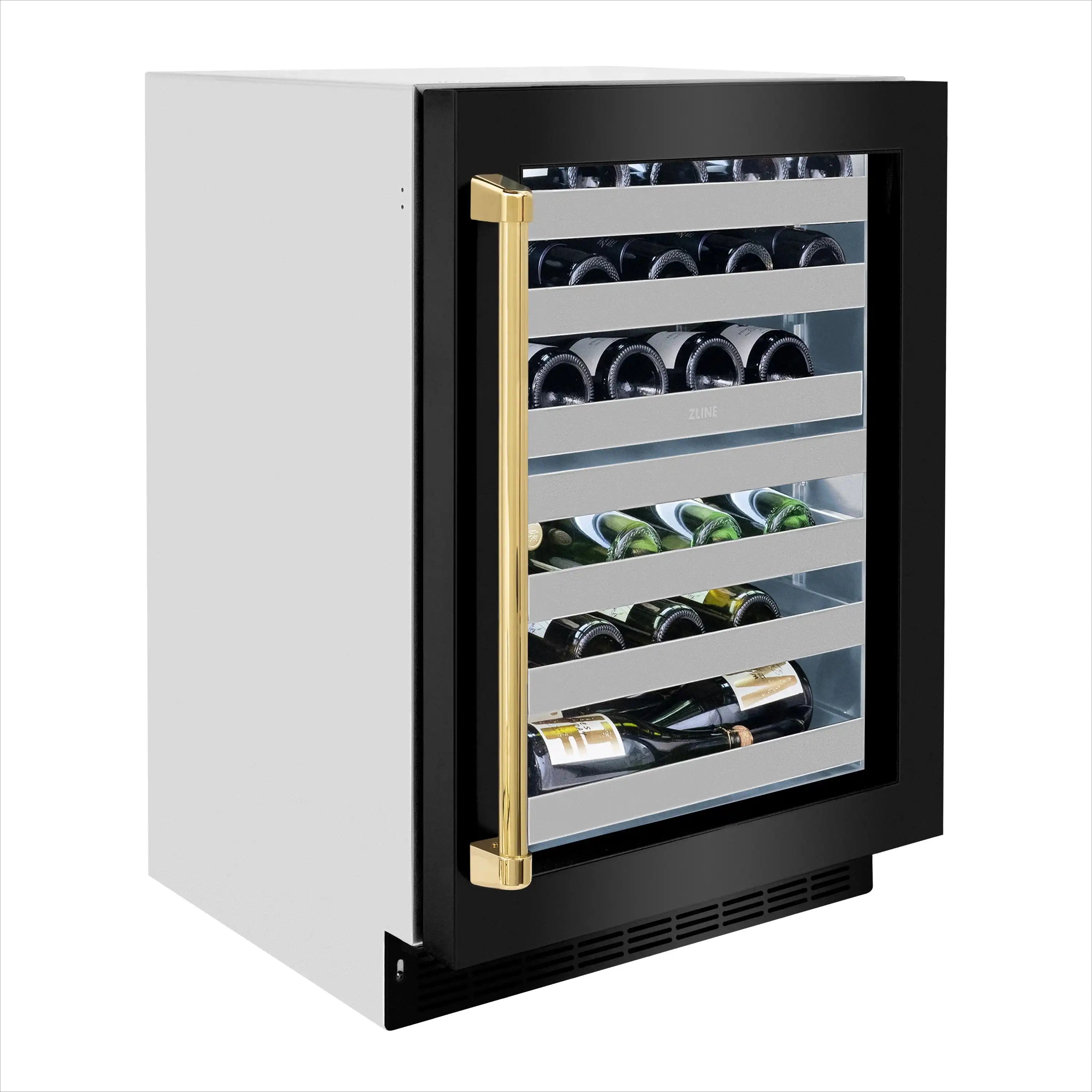 Compact wine cooler with open black glass door, bottle racks, and polished gold handle