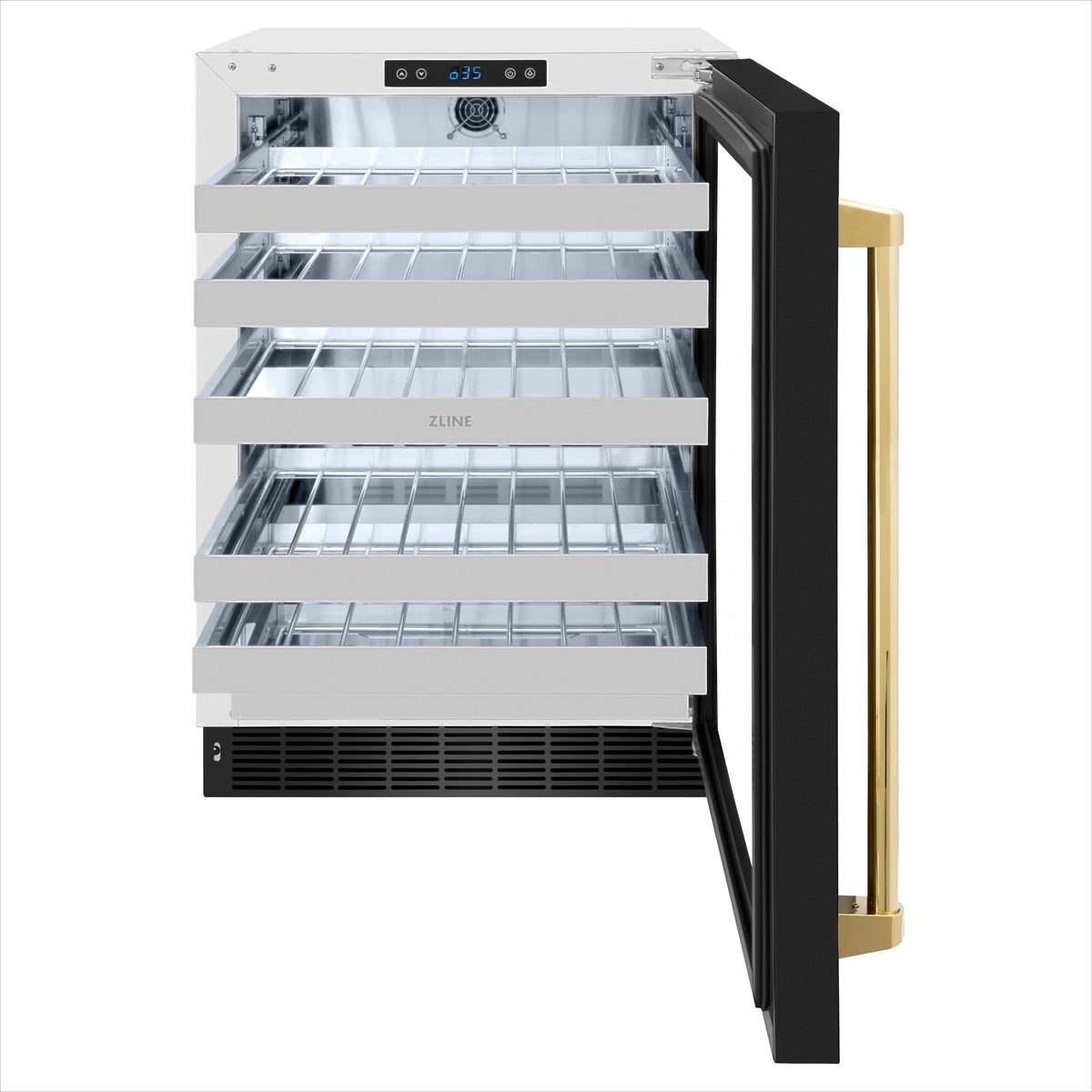 Built-in dual-zone wine cooler with open door, chrome racks, and polished gold handle