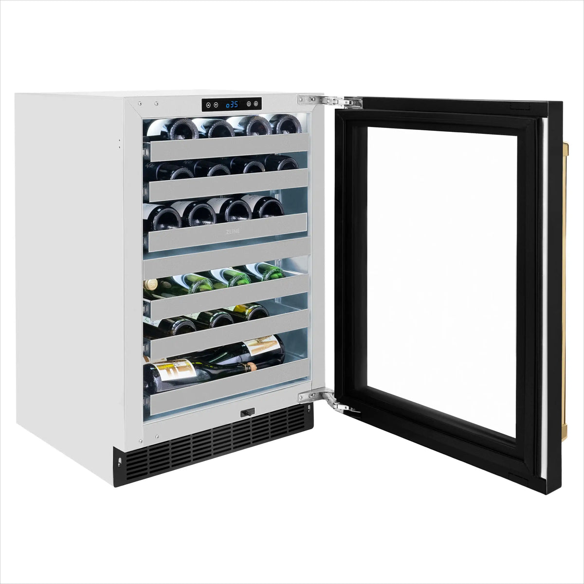 Dual-zone wine cooler with open black glass door and stocked bottle racks