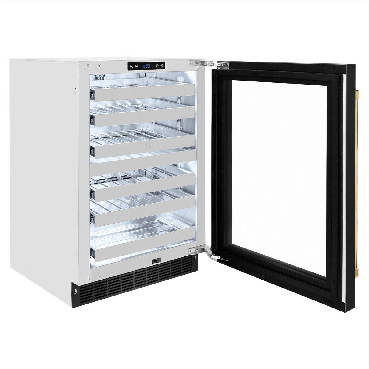 Dual-zone wine cooler with open black glass door and wire bottle racks