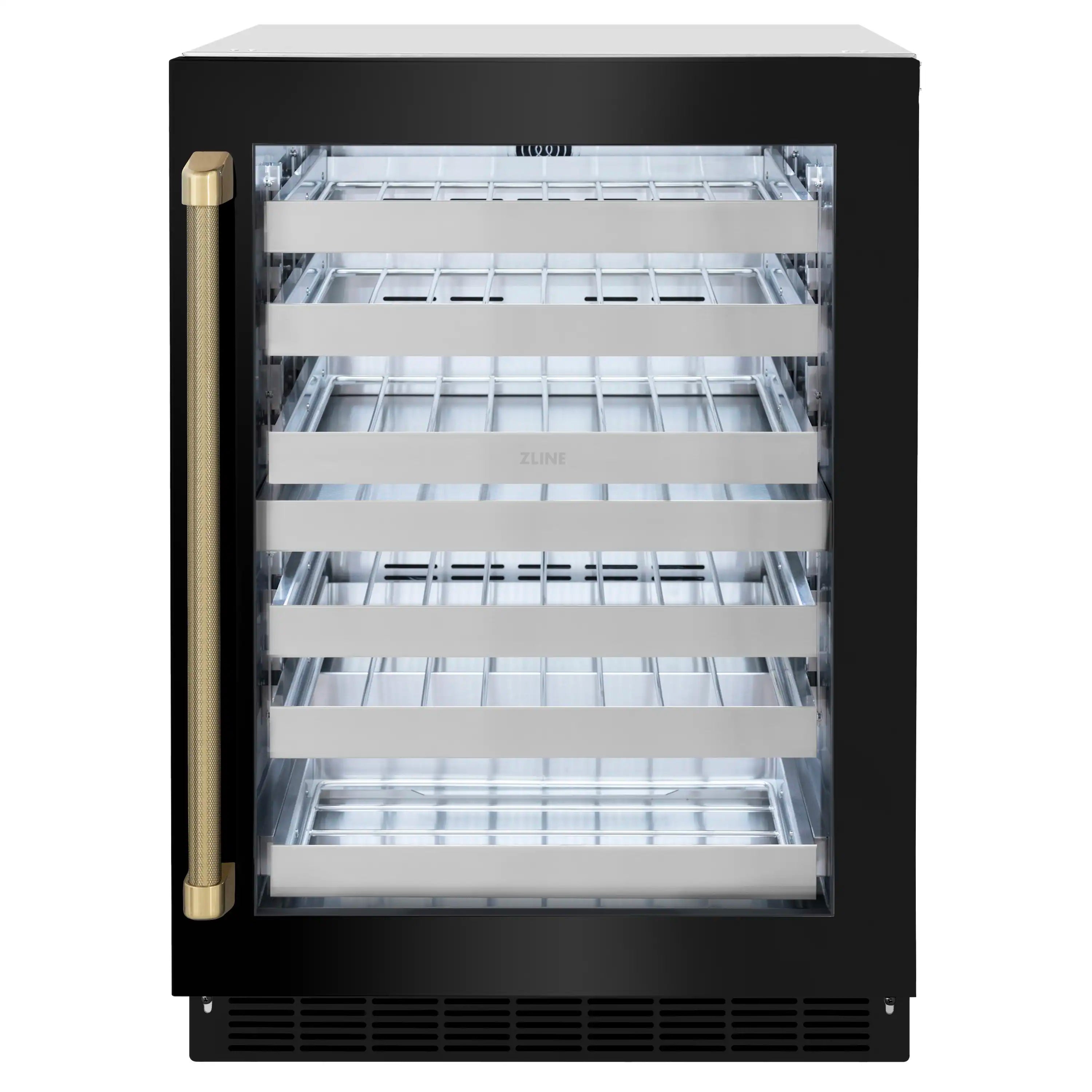 Dual zone wine cooler with black frame glass door and interior slide-out shelves