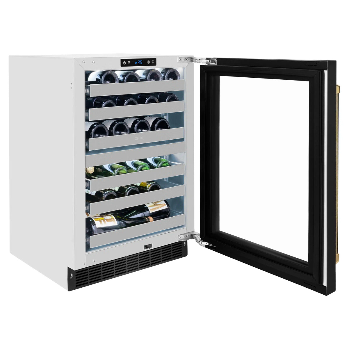 Wine cooler with open glass door showing bottle storage racks and gold handle